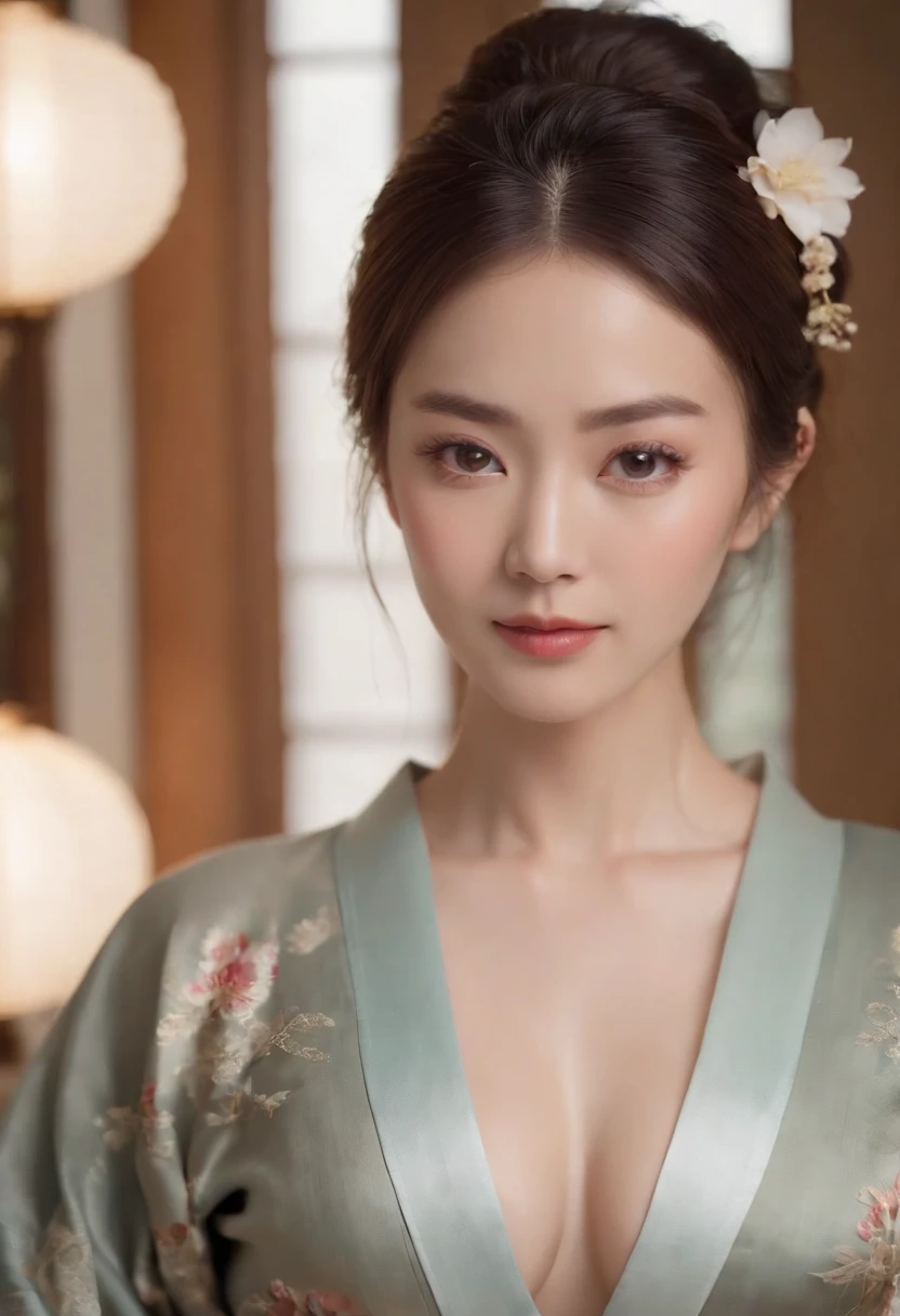 Wearing a kimono、Realistic Japan Woman, beautiful japanese female, goddess of Japan, Beautiful Japan Female Face、A MILF、Sexy Japan woman、Looking at the camera、Look into the eyes、facing front、Beautiful collarbone、Narrow-eyed、Single eyelid、Small eyes、tthin eyebrows、30-year-old woman with、low nose、thin lipss、Dimples、tying brown hair、On tatami mats、Sit upright、Kamimei
