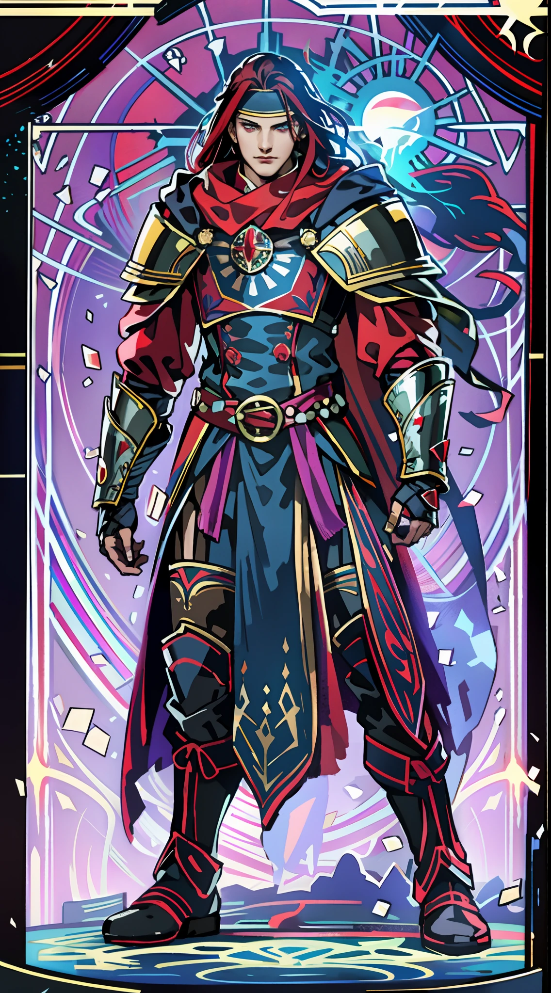 A man with long reddish-brown hair, wearing a red headband, an Eastern European face, deep and confident eyes, a confident smile, a red elongated totem mark on his face, a tall and strong physique, he wears a fantasy-style overlord attire, a blue-gold thick breastplate, a black tight-fitting undershirt, a massive cloak with heavy metal decorations, that cloak covers most of his body, thick red and blue heavy gauntlets, a metal belt with a thick long skirt-like hem, black pants, metal leg guards that match the gauntlets, he steps on the space with an awe-inspiring presence, red and blue and green energy surrounds him, red and blue and green Power surrounds him, white frost swirls around him, blue ice around him, red fire around him, purple Lightning around him, this character embodies a finely crafted fantasy-style overlord in anime style, characterized by an exquisite and mature manga illustration art style, high definition, best quality, highres, ultra-detailed, ultra-fine painting, extremely delicate, professional, anatomically correct, symmetrical face, extremely detailed eyes and face, high quality eyes, creativity, RAW photo, UHD, 8k, Natural light, cinematic lighting, masterpiece:1.5