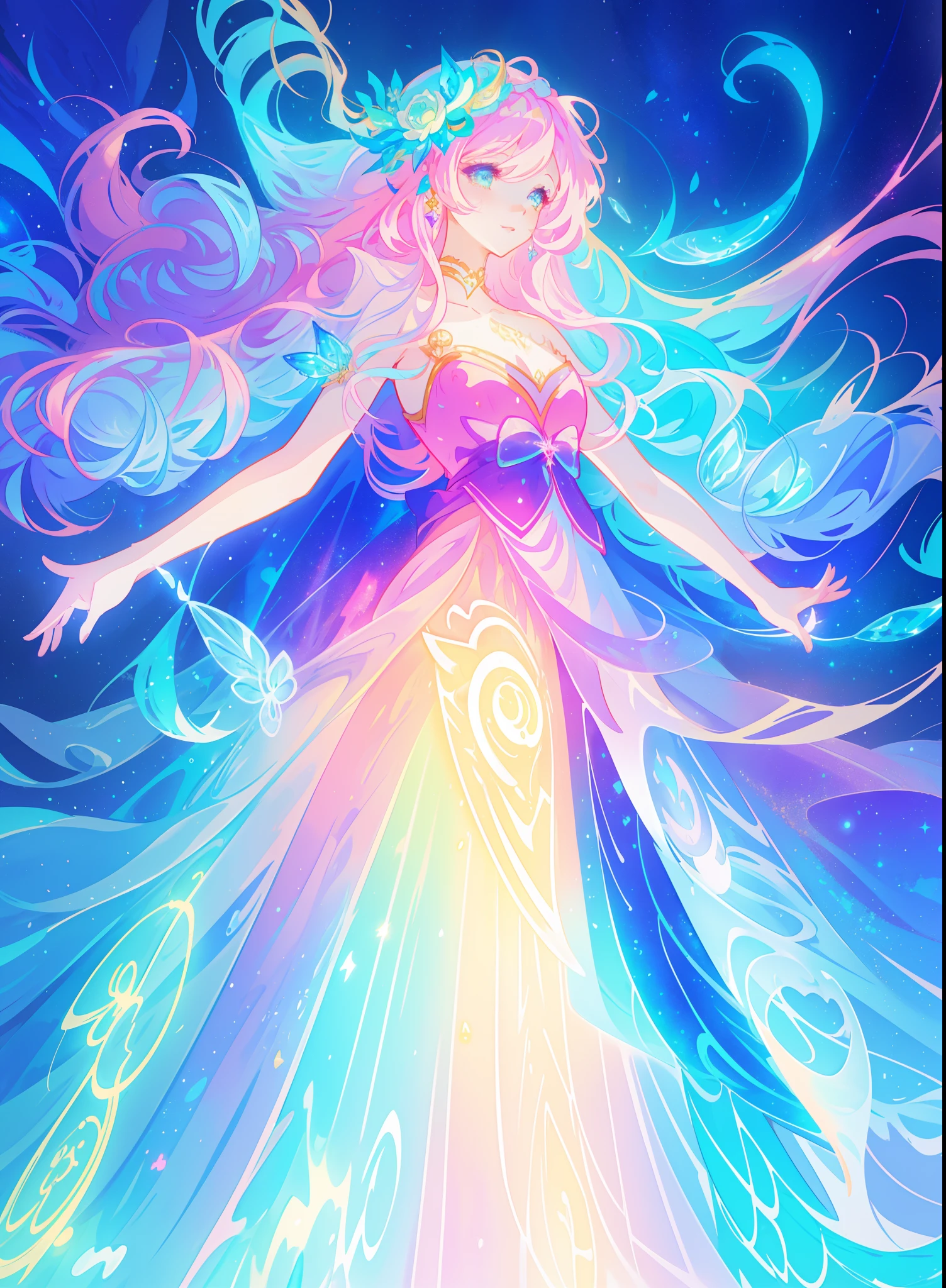 beautiful girl, puffy tiered ballgown, vibrant pastel colors, (colorful), glowing golden long hair, magical lights, sparkling magical liquid, inspired by Glen Keane, inspired by Lois van Baarle, disney art style, by Lois van Baarle, glowing aura around her, by Glen Keane, jen bartel, glowing lights! digital painting, flowing glowing hair, glowing flowing hair, beautiful digital illustration, fantasia background, whimsical, magical, fantasy, ((beautiful face)), ((masterpiece, best quality)), intricate details, highly detailed, sharp focus, 8k resolution, sparkling detailed eyes, liquid watercolor