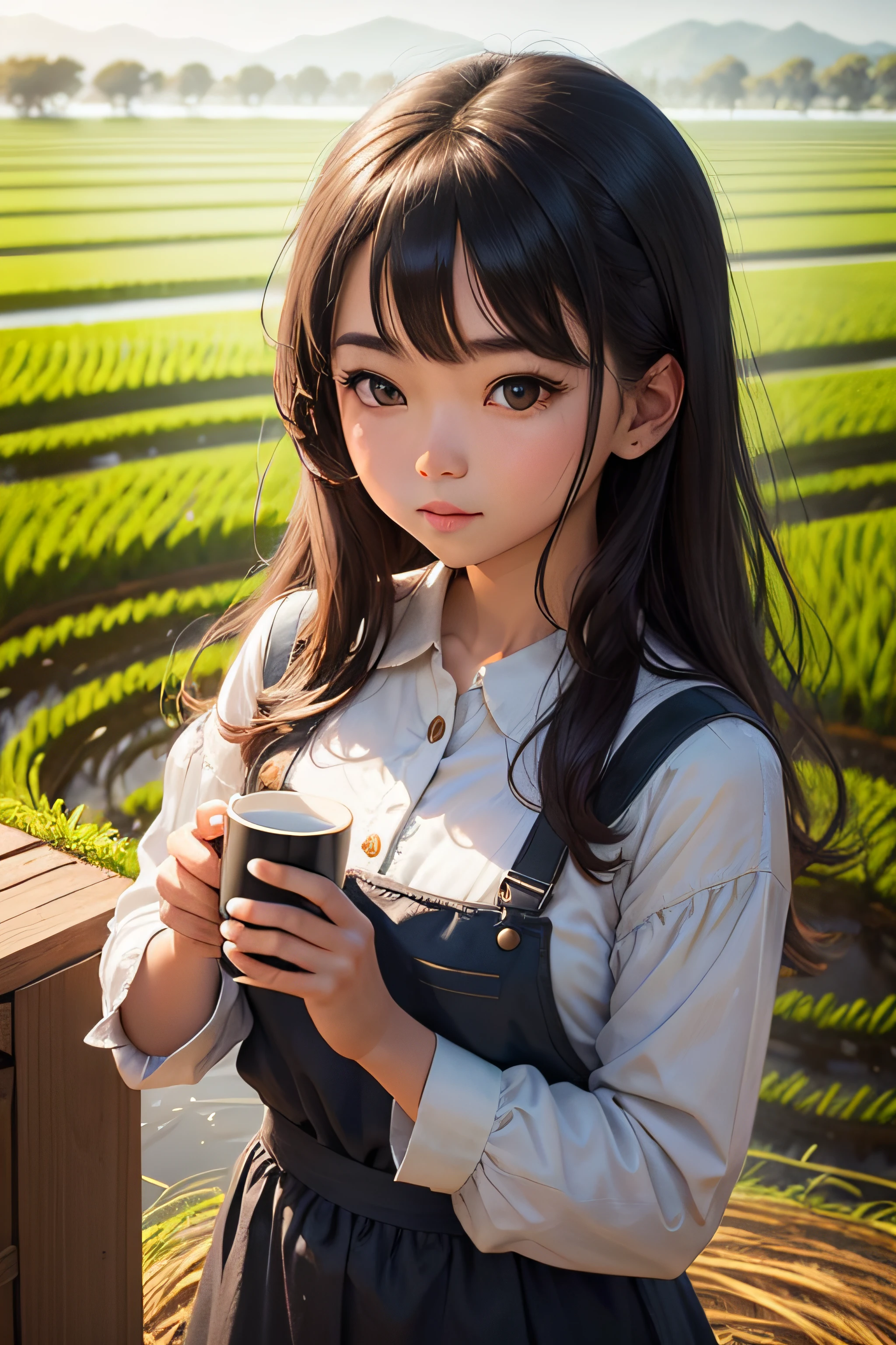 Let's draw a girl holding a cup of coffee next to a rice field