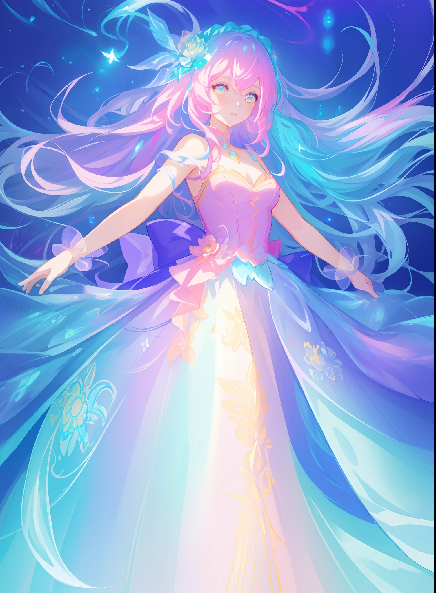 beautiful girl, puffy tiered ballgown, vibrant pastel colors, (colorful), glowing golden long hair, magical lights, sparkling magical liquid, inspired by Glen Keane, inspired by Lois van Baarle, disney art style, by Lois van Baarle, glowing aura around her, by Glen Keane, jen bartel, glowing lights! digital painting, flowing glowing hair, glowing flowing hair, beautiful digital illustration, fantasia background, whimsical, magical, fantasy, ((beautiful face)), ((masterpiece, best quality)), intricate details, highly detailed, sharp focus, 8k resolution, sparkling detailed eyes, liquid watercolor