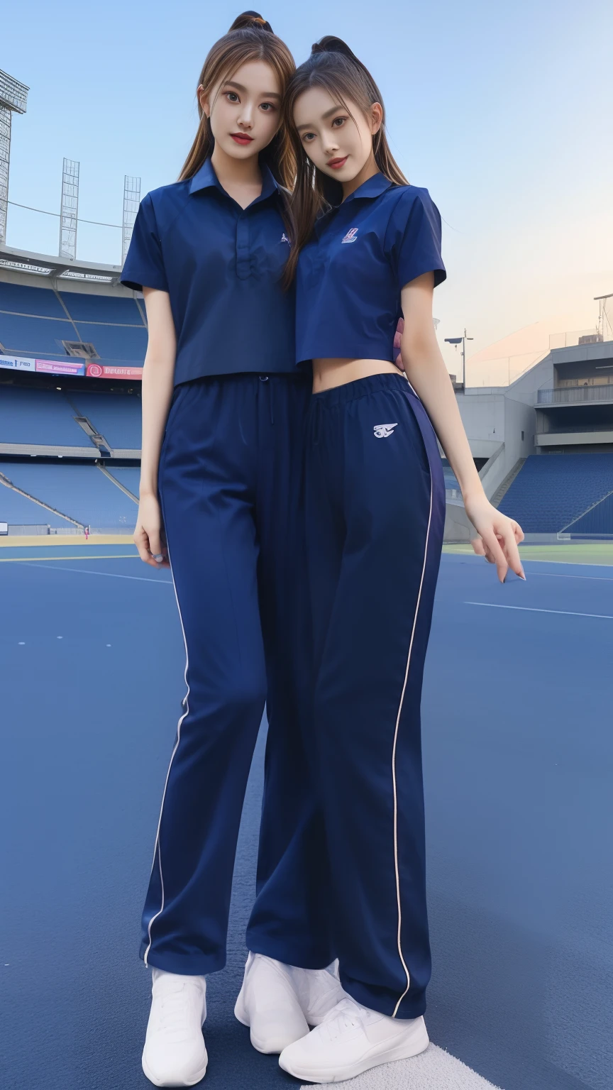 (bestquality,10,10,highres,masterpiece:1.2),ultra-detail,(Realistic,photorealistic portrait,photo-realistic:1.37),1 Cute girl in the football field,oily shiny skin,bara,light smile,BDclothes,((blue shirt:1.3)),short sleeves,shirt, trousers.,(navy_long_Pants Track:1.1), ((Stadium Background:1.3)),dynamic angle,excited,face focus,Dynamic Poses,from behide,Ass Focus,masterpiece, bestquality, ultra realistic, hyper-detail, 8k resolution, RAW photo, crisp focus, ((Navy blue shirt:1.1)), short sleeves, Long Path, Perfect body, 2 mature women, 18yo, cinematic light,Blue sweatpants,Gymware,Correct anatomy,Complete body, Correct body, sharp face, Anatomically correct body, full entire body, Realistic gestures, long-haired, Realistic poses,Wear long shorts...,Long leg span,Shapely,Girl Sculpting 2 Girls Kissing, Realistic kissing, Slender Figure, mannequin mannequins, Shapely, Beautiful body