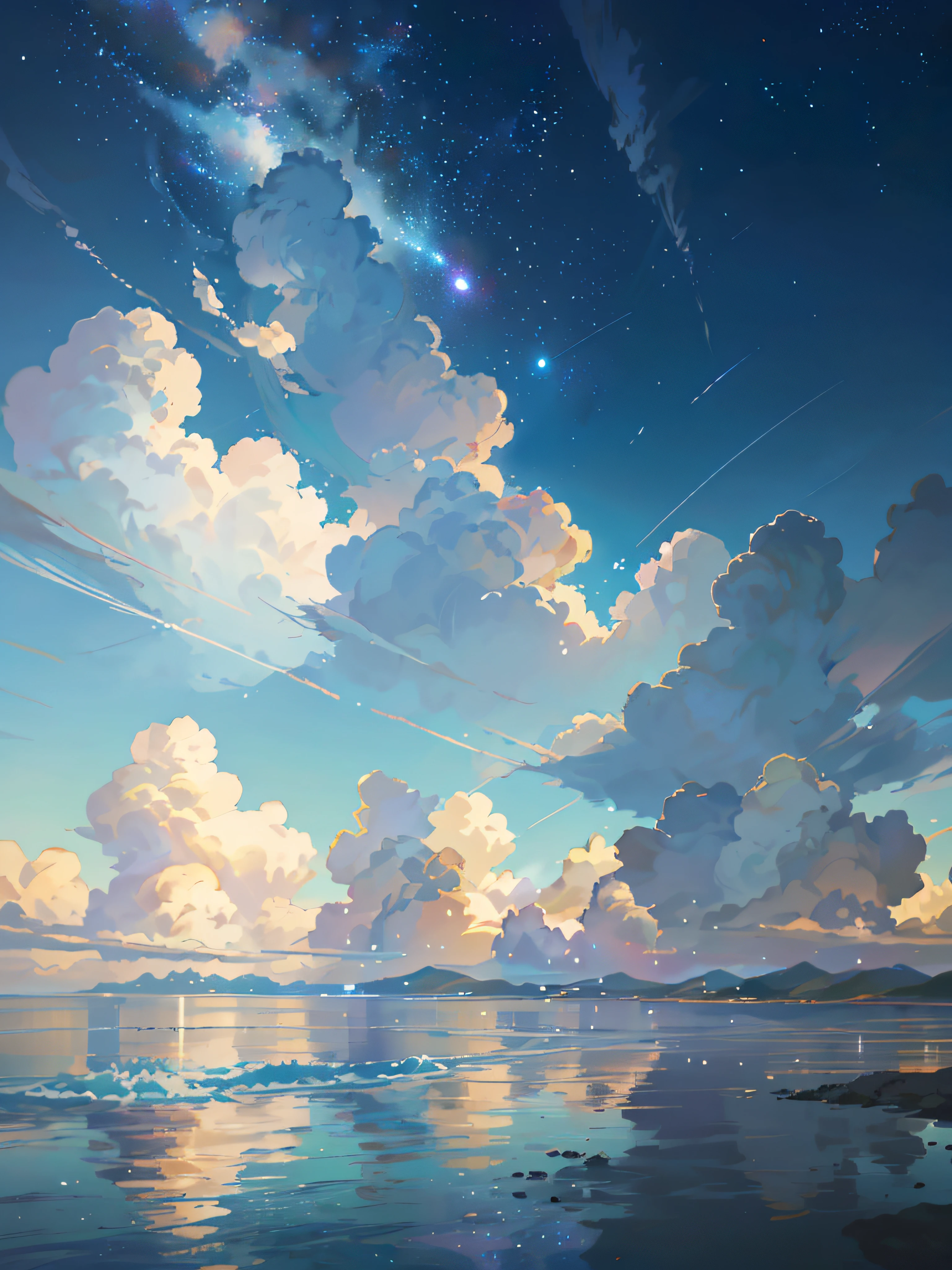 There is a picture of the sky with clouds and stars, space sky. By Makoto Shinkai, Anime Sky, Anime Clouds, Blue Sea. Makoto Shinkai, Makoto Shinkai's style, Makoto Shinkai's style, Los Tran. Inspired by the scenic background, Makoto Shinkai, Makoto Shinkai. - H 2160, summer, Makoto Shinkai concept art, tumblr, magical realism, beautiful anime scene, beautiful sky. Makoto Shinkai, ((新海誠)), anime background art, anime background, Makoto Shinkai's style, anime movie background, galaxy express, no human