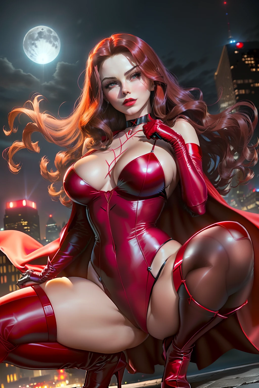 ((squatting))((Scarlett witch from x-men comic series)) (beautiful face)(glowing eyes)(red lips) ((long brown straight hairstyle))) ((very huge breasts) (perfect slim body) (wears sexy red string bottom body suit, red long stocking))((gloves, choker, tiara, cape)) ((magic hands)) (posing sexy on skycrapper rooftop at night, full moon)) (high definition, amazing lights and shadows) ((masterpiece)) (8k) (perfect face) (best quality) (perfect hands, eyes, and face)((magic power floating around))