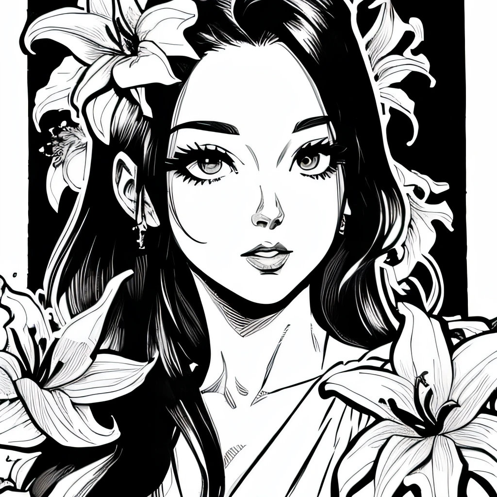 Pau preto e branco figura 1 com flor de lillies do rio no fundo, Loli estido com flores, sua arte de linha de tinta fina, comiс style, Retrato da menina plon, Marilyn Munroe, Glam hollywoodiano, bela arte de linha, black and white comic style, Manga style, Manga art style, Caricature drawing in pencil and ink, black and white coloring