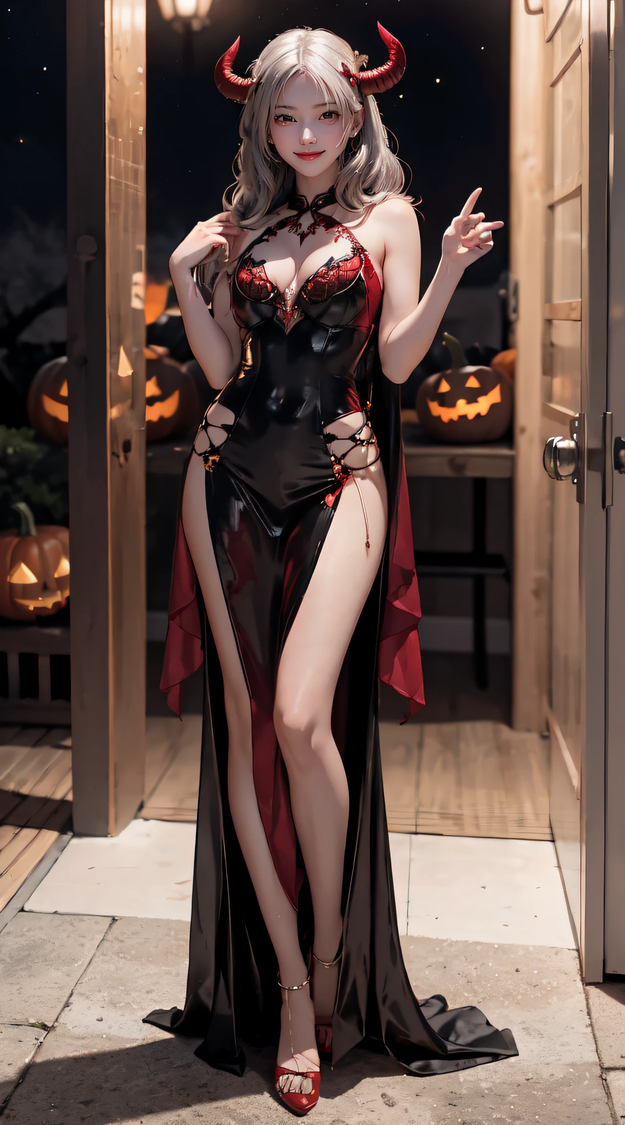 masterpiece, top-quality, top-quality, Beautifully Aesthetic:1.2, 1girl, Halloween night, Wearing a devil costume, high detailed, ((Red eyes:1.8)), Standing with seductive pose that sticking out breasts, large breasts, firm breast, nicely shaped breasts, slender figure,
((Gray hair, Red colored inner hair)), wavy hair, (medium hair:1.2), (asymmetrical bangs:1.2),
in the Halloween party venue at late night, (Full body shot:1.1),