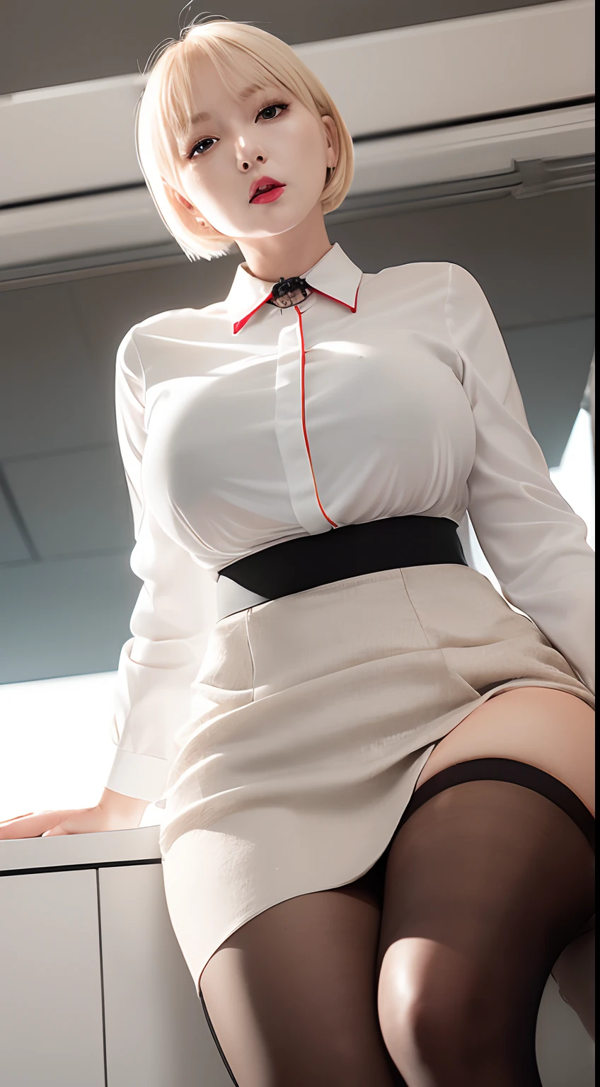 ((Round Face Mature Woman))　a blond　Shorthair　(a short bob)　Sexy Arafe　Whip whip　large boob　Korean Idols　bright red lips　((White shirt))　Shiny black tight skirt　Black stockings　((Cross your legs on your office desk at night))　Portrait　Looking at the camera　((Dressing))　　Shot from an angle looking up from below　((Elder with bossy attitude))