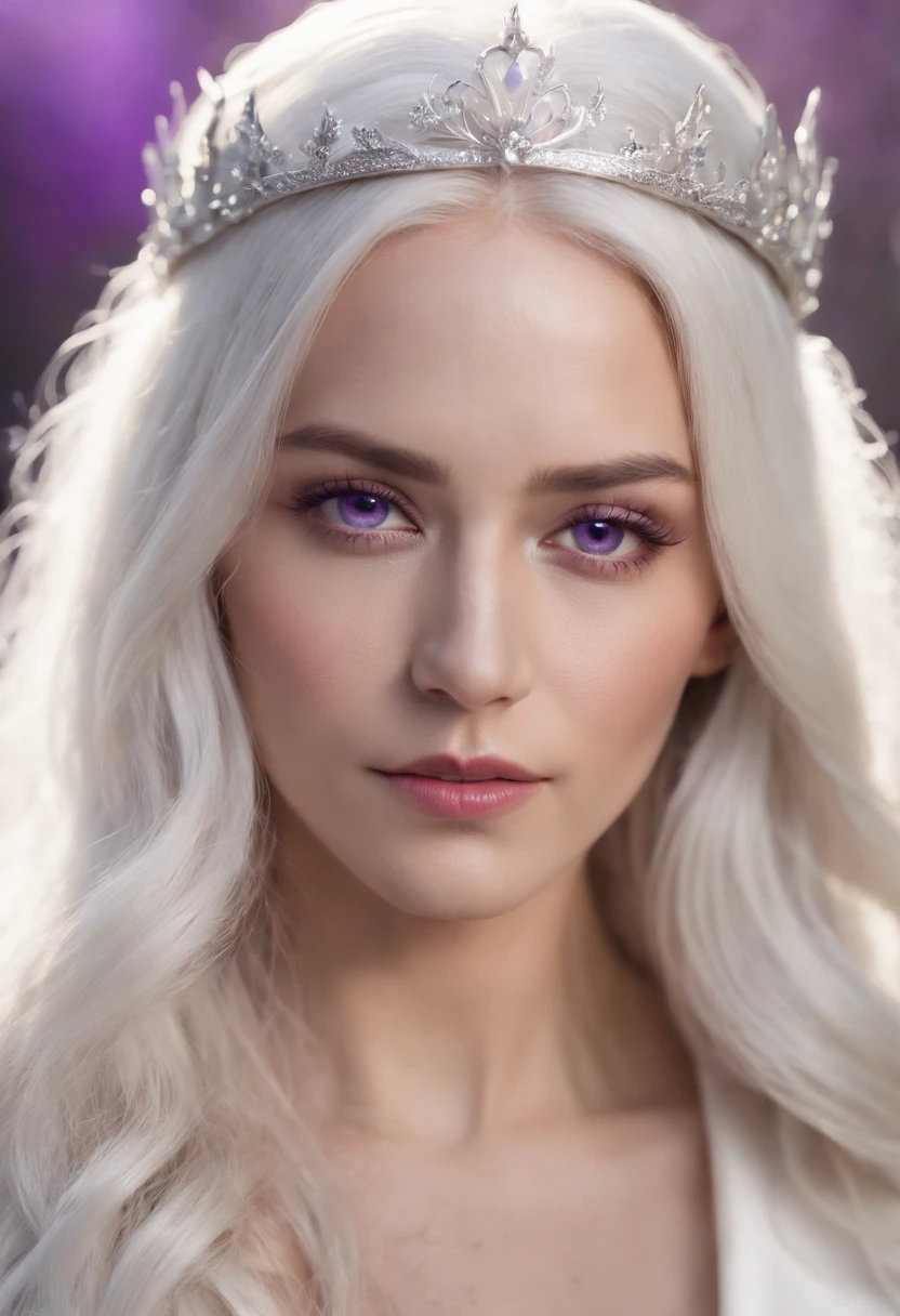 A woman with long white hair, purple eyes, a facial scar down her right eye, tan skin, lighting powers, wearing a white suit and a silver crown with purple stones