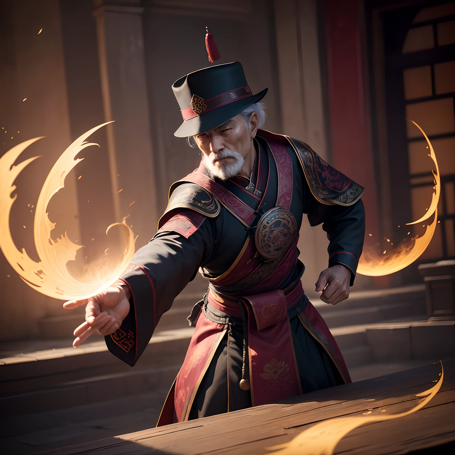 the night，Old man in Chinese costume，hoary，Strong，The expression is fierce，Detailed facial details，Hand movements，Light of the spell， ultra-realistic realism， Dream-like， V0id3nergy， shadow magic，Ultra Luxo，super-fine，Ultra HD ultra high resolution，32K best quality， tmasterpiece， 超高分辨率， Shadowdancer， shadow magic， darkness control， stealth， Shadow steps， The umbra spell background is a dilapidated Chinese courtyard，Surrounded by 6 soldiers，themoon，Ultra Luxo，super-fine，Ultra HD ultra high resolution，32K