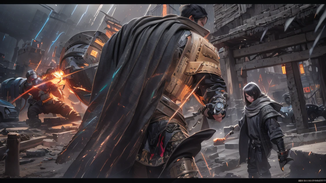 Trailer poster effect(Explosive ruins)The eyes are full of confusion,He clenched his fists,Rush up,Deliver a fatal blow to your opponent,full bodyesbian,Full Body Male Mage 32K(tmasterpiece,k hd,hyper HD,32K)Flowing black hair,Campsite clutter,zydink, a color, patriot (Doomsday ruins), (Linen batik scarf), Angry fighting stance, looking at the ground, Batik linen bandana, Chinese python pattern long-sleeved garment, (Abstract propylene splash:1.2), Dark clouds lightning background,Flour flies(realisticlying:1.4),Black color hair,Flour fluttering,Background fog, A high resolution, the detail, RAW photogr, Sharp Re, Nikon D850 Film Stock Photo by Jefferies Lee 4 Kodak Portra 400 Camera F1.6 shots, Rich colors, ultra-realistic vivid textures, Dramatic lighting, Unreal Engine Art Station Trend, cinestir 800,Flowing black hair,(((Male mage))),The male mage was furious,Trailer poster effect