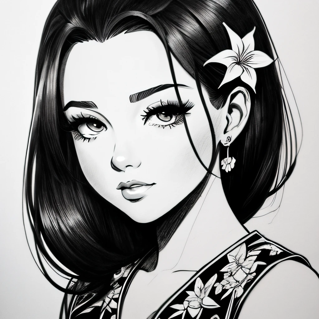 Pau preto e branco figura 1 menina com flor de lillies do rio no fundo, Loli em vestido com flores, sua arte de linha de tinta fina, comiс style, Retrato da menina ploynesian, Marilyn Munroe, Glam hollywoodiano, bela arte de linha, black and white comic style, Manga style, Manga art style, Caricature drawing in pencil and ink, black and white coloring
