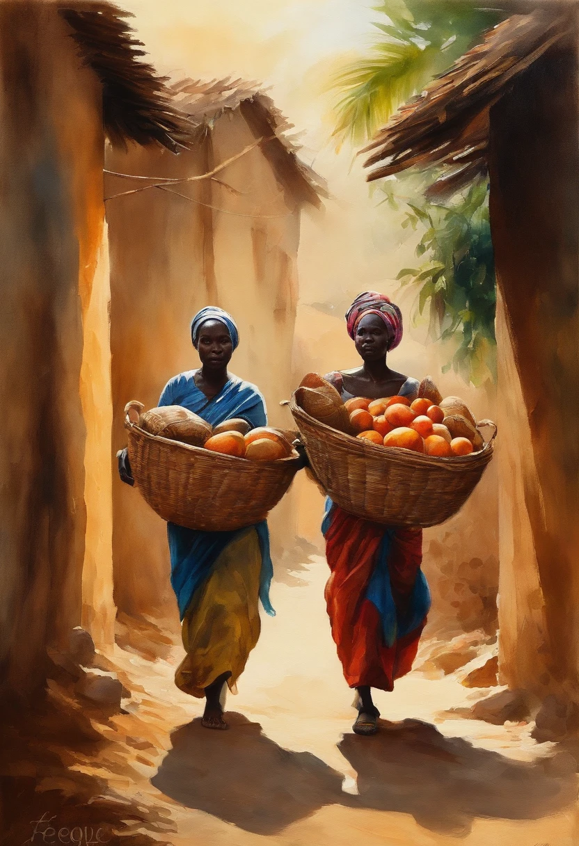 Women carrying market baskets, silhouette, Move from left to right, horizon, Rule of Thirds,Uneven skin tone, Hirozon,Femmes africaines,Art culturel, coucher de soleil, 8k, Corps entier comme,Best quality, Masterpiece, super detail, High Details, High quality, Best quality, A high resolution,Realstic, with the Animals next to it