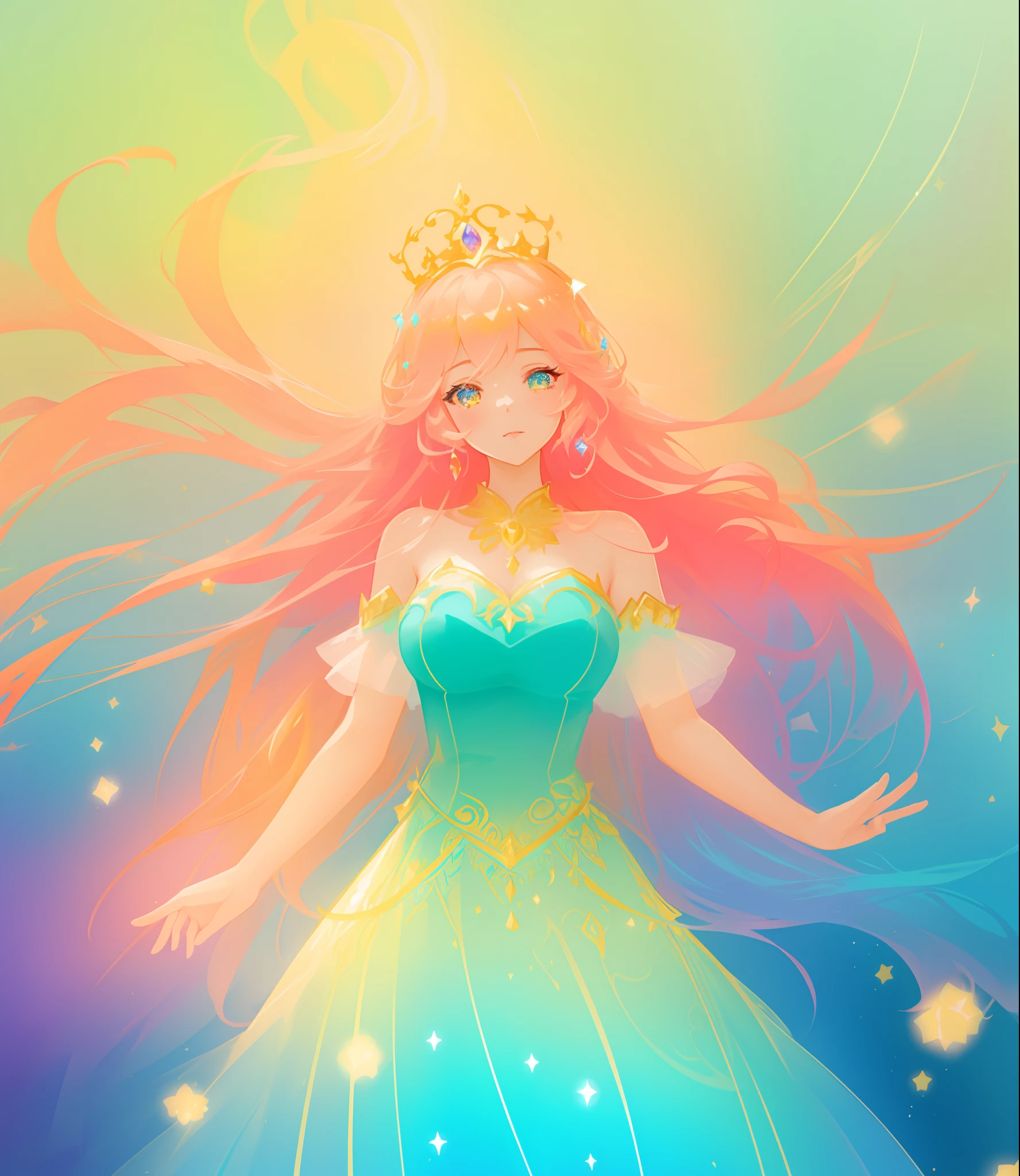 beautiful girl, puffy tiered princess ballgown, vibrant pastel colors, (colorful), glowing golden long hair, magical lights, sparkling magical liquid, inspired by Glen Keane, inspired by Lois van Baarle, disney art style, by Lois van Baarle, glowing aura around her, by Glen Keane, jen bartel, glowing lights! digital painting, flowing glowing hair, glowing flowing hair, beautiful digital illustration, fantasia background, whimsical, magical, fantasy, ((beautiful face)), ((masterpiece, best quality)), intricate details, highly detailed, sharp focus, 8k resolution, sparkling detailed eyes, liquid watercolor