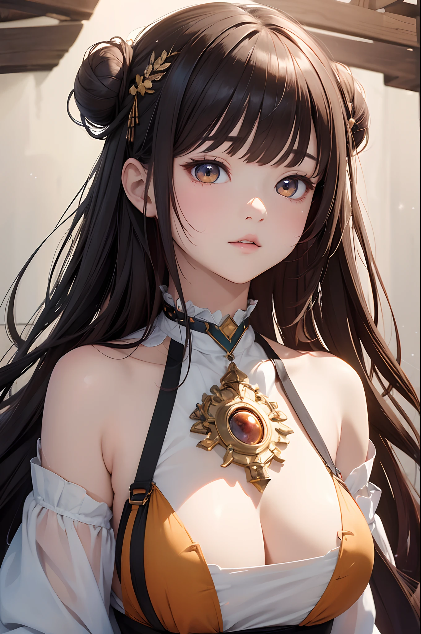 high res, (masterpiece:1.4), ultra-detailed, 1girl,  space, floating、Angle looking up from below、Pattsun bangs、Bun、
Express clearly at hand、
Amber eyes、dye one's cheeks red、kawaii、voluptuous breasts、A sexy、