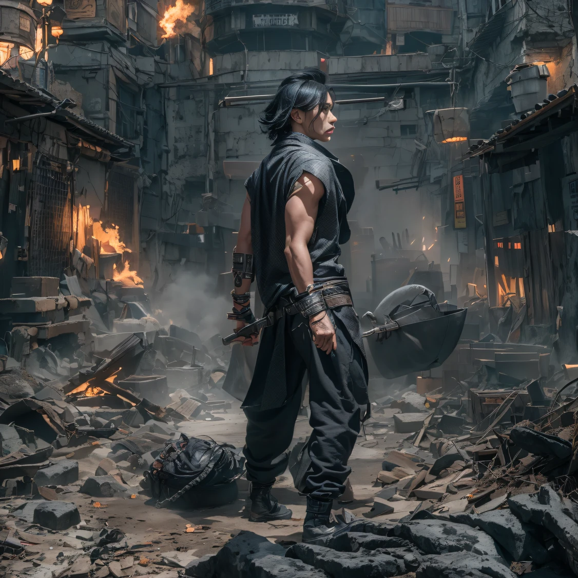 Full body male chef 32K(tmasterpiece,k hd,hyper HD,32K)Long flowing black hair,Camping ruins area,zydink, a color, patriot (废墟), (Linen batik scarf), Angry fighting stance, looking at the ground, Linen bandana, Chinese python pattern long-sleeved garment, (Abstract gouache splash:1.2), Dark clouds lightning background,Flour flies(realisticlying:1.4),Black color hair,Flour fluttering,Background fog, A high resolution, the detail, RAW photogr, Sharp Re, Nikon D850 Film Stock Photo by Jefferies Lee 4 Kodak Portra 400 Camera F1.6 shots, Rich colors, ultra-realistic vivid textures, Dramatic lighting, Unreal Engine Art Station Trend, cinestir 800,Flowing black hair,(((Male chef))),irate,