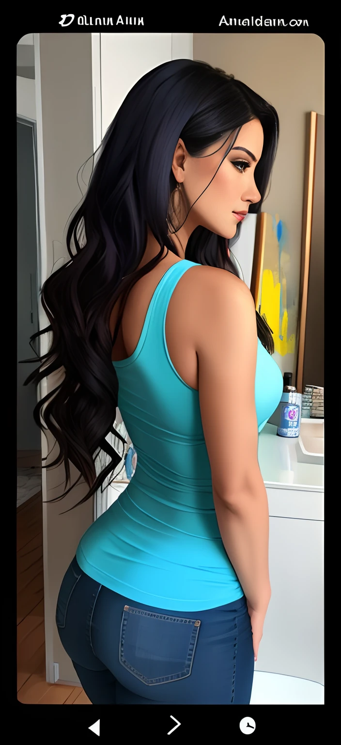 Arab woman, fullbody, 30 years old, long and Straight readhead hair combed to the side, blue lipstick, very large bust, posing long from side in the photo, wearing Very open a green sleeveless bodysuit,  she is in na A  large mirror, fullbody