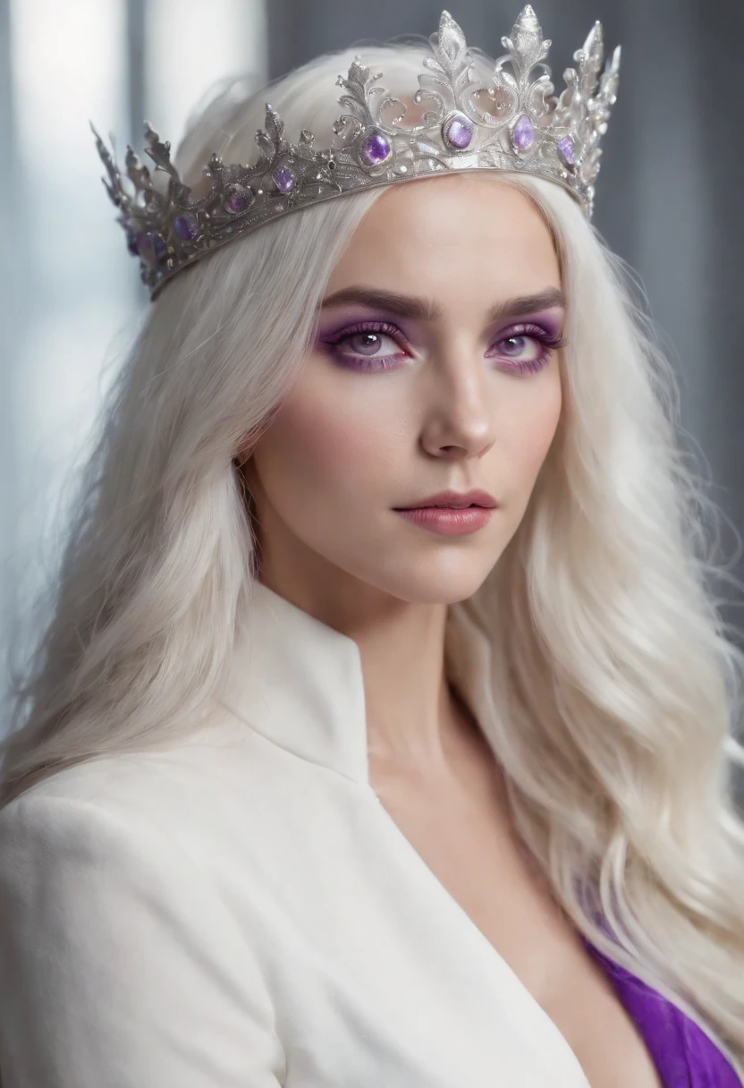 A woman with long white hair, purple eyes, a facial scar down her right eye, tan skin, lighting powers, wearing a white suit and a silver crown with purple stones