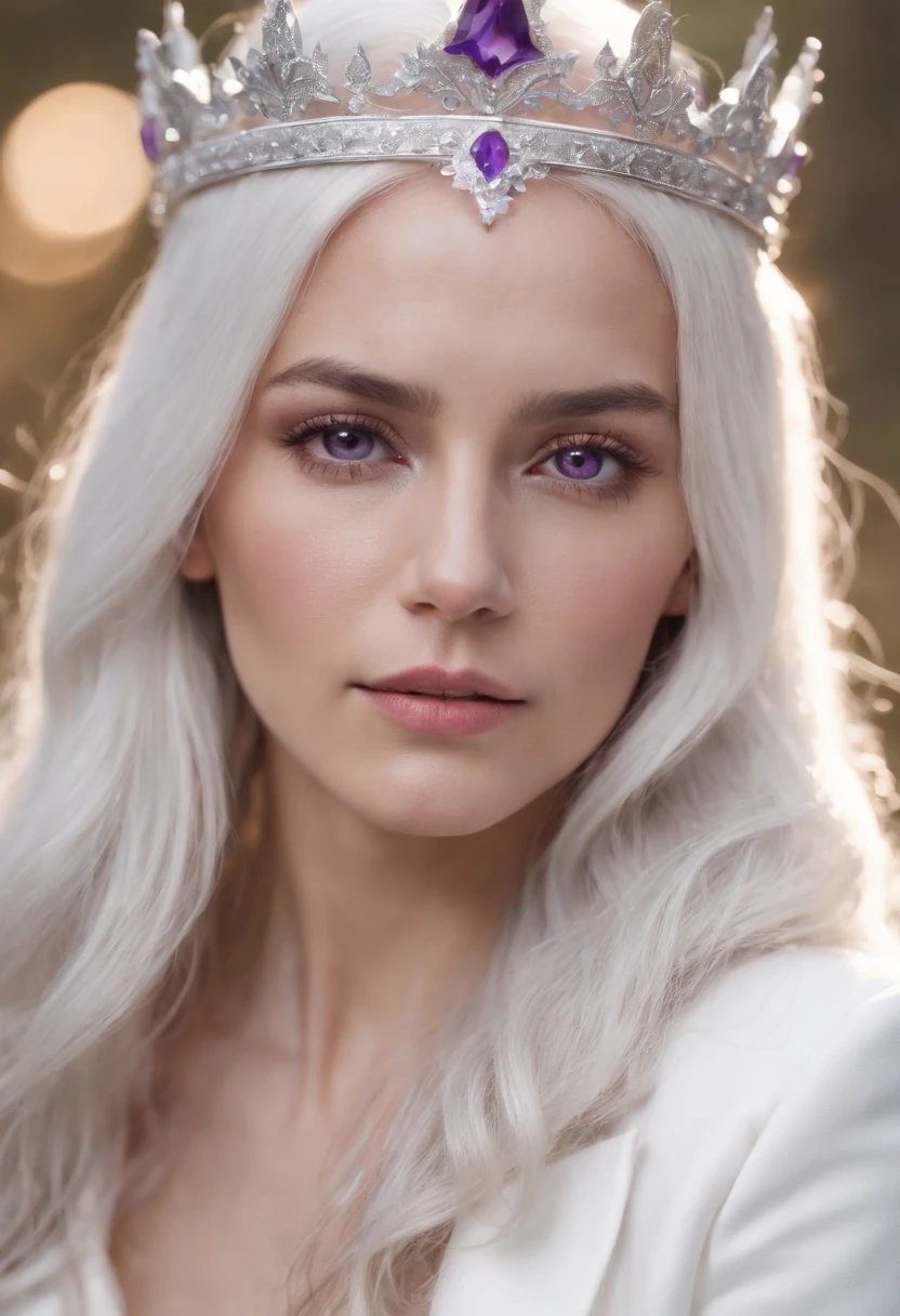 A woman with long white hair, purple eyes, a facial scar down her right eye, tan skin, lighting powers, wearing a white suit and a silver crown with purple stones