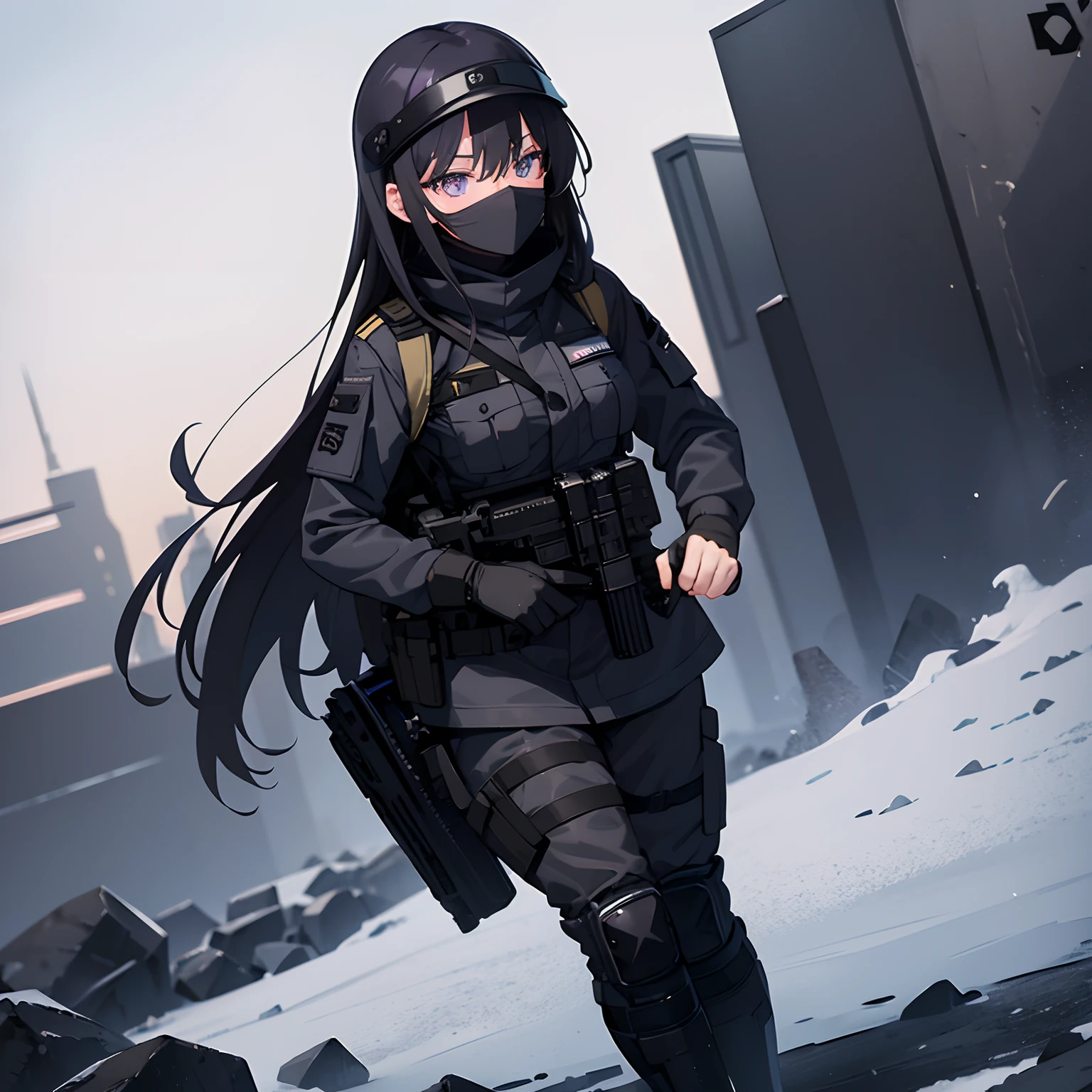 1girl, solo, violet eyes, black hair, long hair, black neck gaiter, (black neck gaiter over face) , large breasts, military, black camouflage uniform, black tactical helmet, black vest, full body