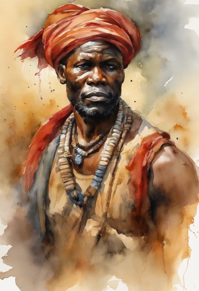 um rei africano envolvido pelo poder do fogo, montanhas, entardecer, holding an axe in his hands, confiante, master part, qualidade superior, best quality, alta qualidade, arte aquarela, Pintura em tela, ultra-detalhado, fire in the background, cores vibrantes, sozinho, extremamente detalhado