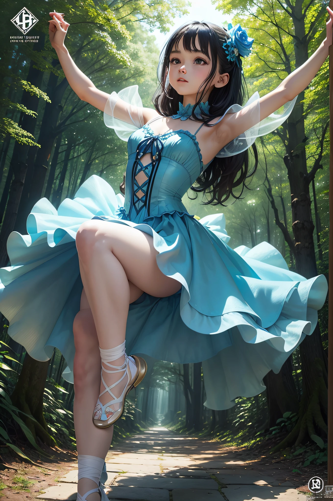 arejado, Floresta complexa, Dancing ballet girl fairy made up from head to toe with transparent splashes, E、The sky blue dress is depicted on the cover of gothic notes.