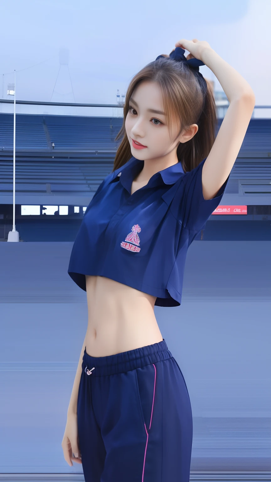 (bestquality,10,10,highres,masterpiece:1.2),ultra-detail,(Realistic,photorealistic portrait,photo-realistic:1.37),1 Cute girl in the football field,oily shiny skin,bara,light smile,BDclothes,((blue shirt:1.3)),short sleeves,shirt, trousers.,(navy_long_Pants Track:1.1), ((Stadium Background:1.3)),dynamic angle,excited,face focus,Dynamic Poses,from behide,Ass Focus,masterpiece, bestquality, ultra realistic, hyper-detail, 8k resolution, RAW photo, crisp focus, ((Navy blue shirt:1.1)), short sleeves, Long Path, Perfect body, 2 mature women, 18yo, cinematic light,Blue sweatpants,Gymware,Correct anatomy,Complete body, Correct body, sharp face, Anatomically correct body, full entire body, Realistic gestures, long-haired, Realistic poses,Wear long shorts...,Long leg span,Shapely,Girl Sculpting 2 Girls Kissing, Realistic kissing, Slender Figure, mannequin mannequins, Shapely, Beautiful body