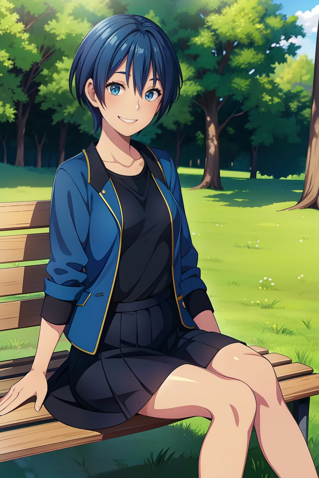 masterpiece,best quality,1girl, solo, CHIHIRO, pixie cut, blue hair, blue jacket, black shirt, black skirt, evil smile, teeth mouth, sitting, outdoors, 
sitting on a bench,