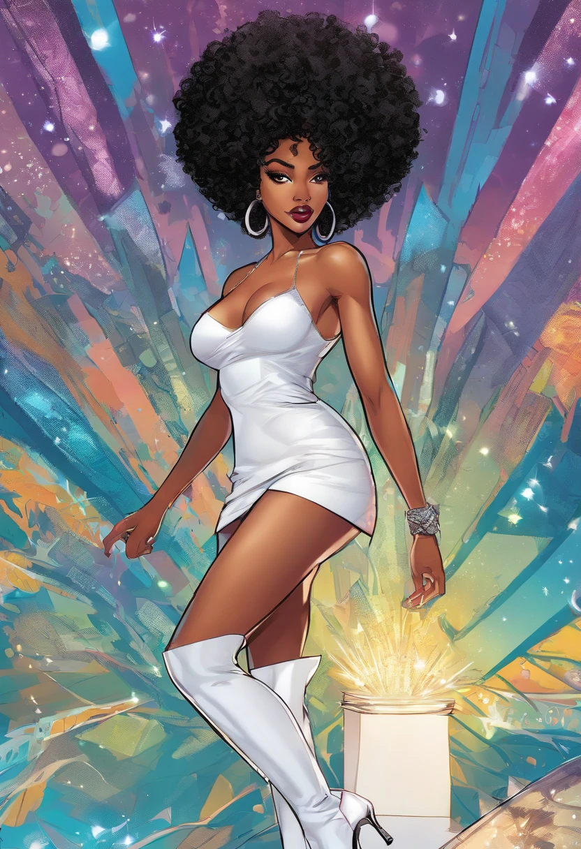 American comics, lightskin African American woman, with curly black hair,and an iridescent white streak in the front, With an iridescent white rhombus shaped Diamond on forehead. Wearing long black high heeled boots, with a white bustier and a short white skirt.
