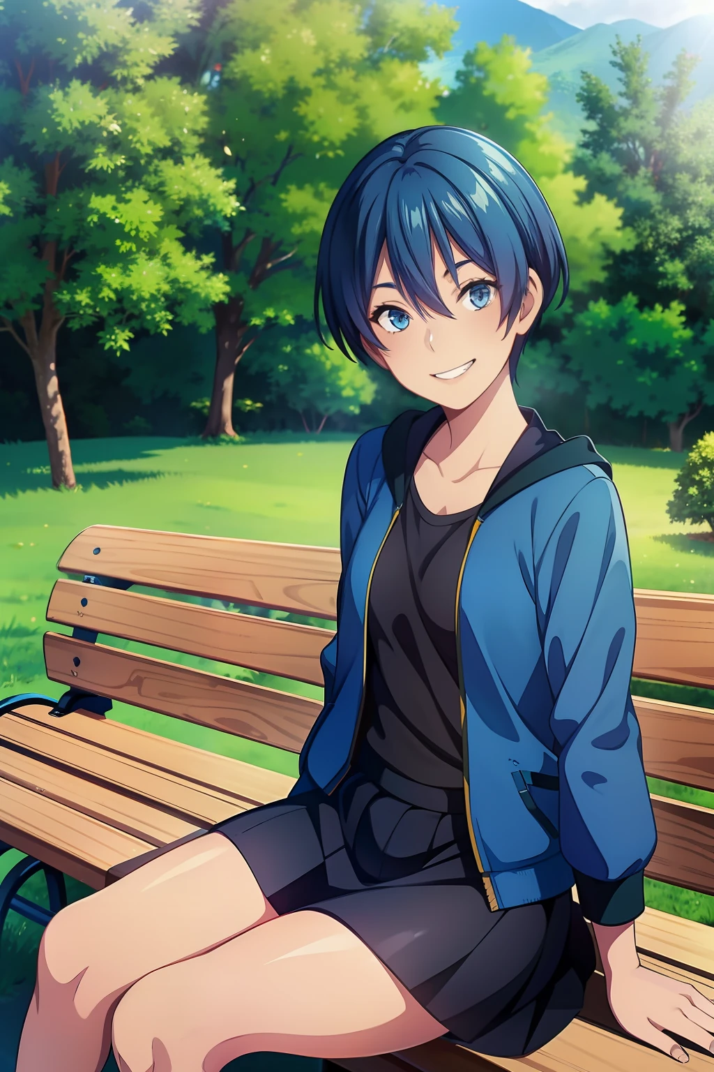 masterpiece,best quality,1girl, solo, CHIHIRO, pixie cut, blue hair, blue jacket, black shirt, black skirt, evil smile, teeth mouth, sitting, outdoors, 
sitting on a bench,