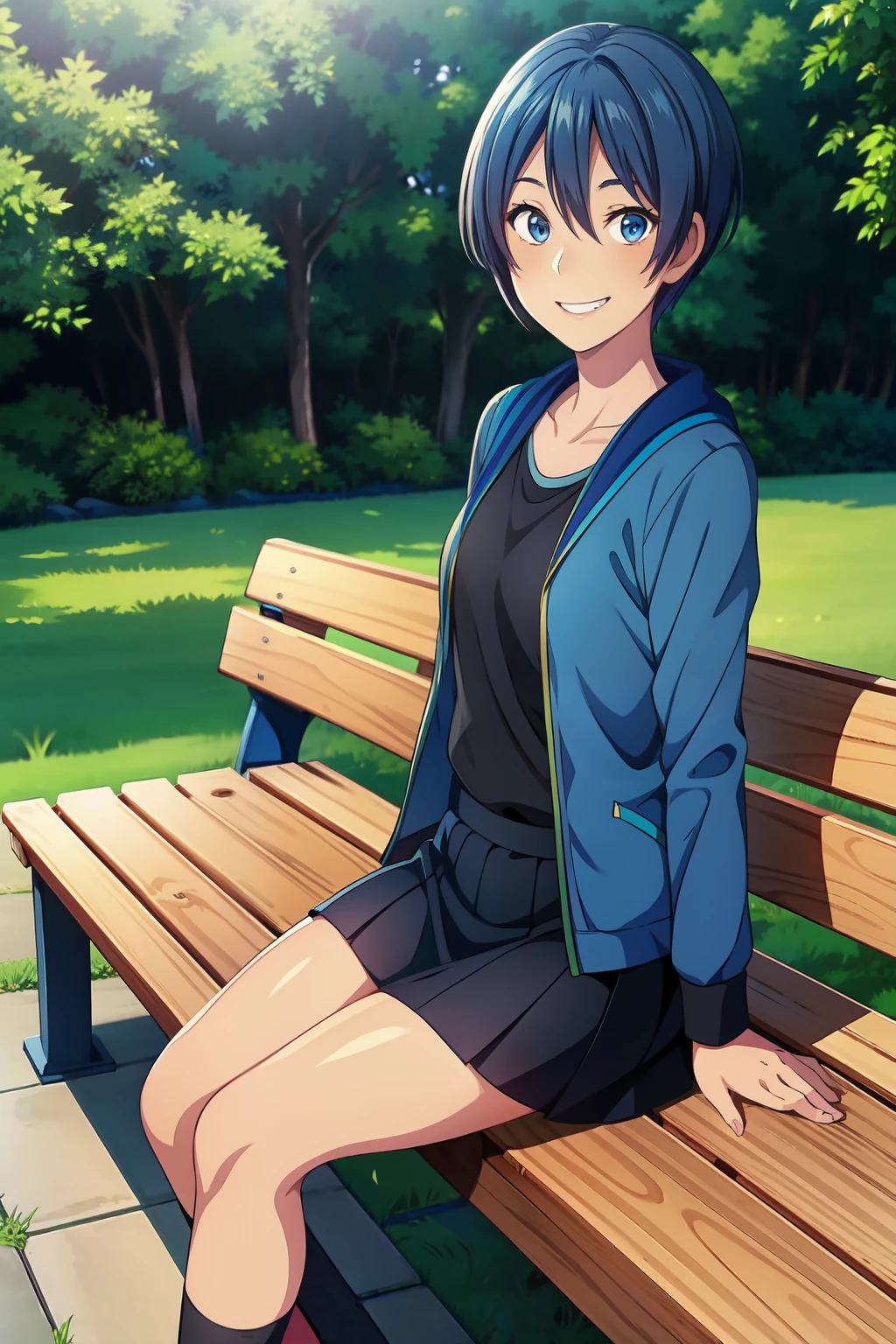 masterpiece,best quality,1girl, solo, CHIHIRO, pixie cut, blue hair, blue jacket, black shirt, black skirt, evil smile, teeth mouth, sitting, outdoors, 
sitting on a bench,