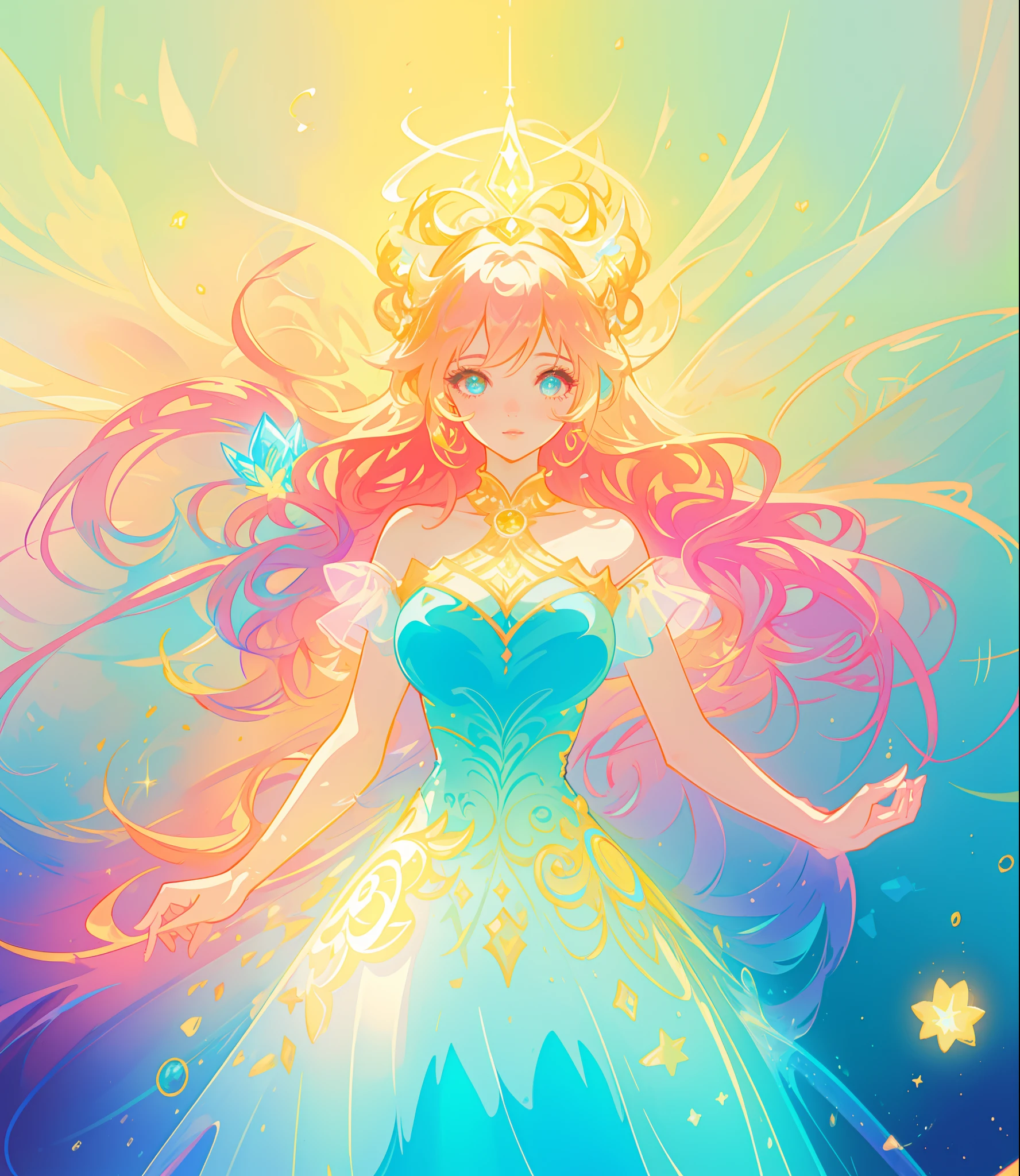 beautiful girl, puffy tiered princess ballgown, vibrant pastel colors, (colorful), glowing golden long hair, magical lights, sparkling magical liquid, inspired by Glen Keane, inspired by Lois van Baarle, disney art style, by Lois van Baarle, glowing aura around her, by Glen Keane, jen bartel, glowing lights! digital painting, flowing glowing hair, glowing flowing hair, beautiful digital illustration, fantasia background, whimsical, magical, fantasy, ((beautiful face)), ((masterpiece, best quality)), intricate details, highly detailed, sharp focus, 8k resolution, sparkling detailed eyes, liquid watercolor