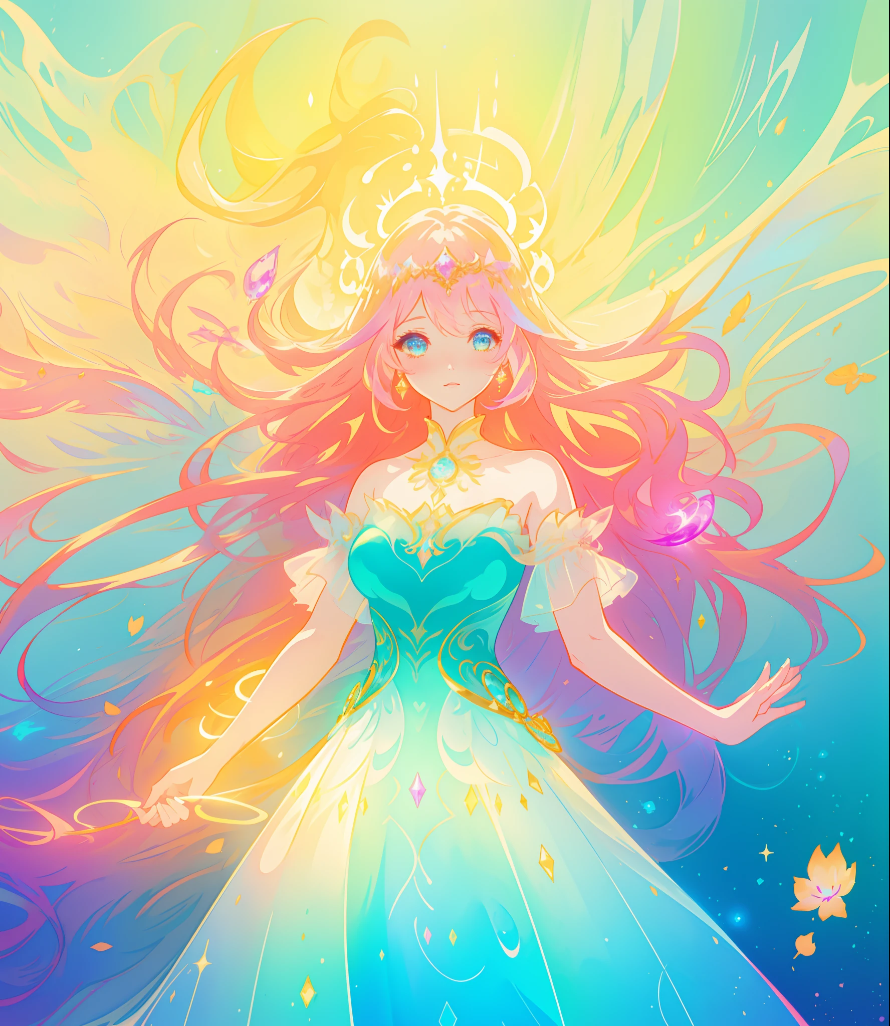 beautiful girl, puffy tiered princess ballgown, vibrant pastel colors, (colorful), glowing golden long hair, magical lights, sparkling magical liquid, inspired by Glen Keane, inspired by Lois van Baarle, disney art style, by Lois van Baarle, glowing aura around her, by Glen Keane, jen bartel, glowing lights! digital painting, flowing glowing hair, glowing flowing hair, beautiful digital illustration, fantasia background, whimsical, magical, fantasy, ((beautiful face)), ((masterpiece, best quality)), intricate details, highly detailed, sharp focus, 8k resolution, sparkling detailed eyes, liquid watercolor