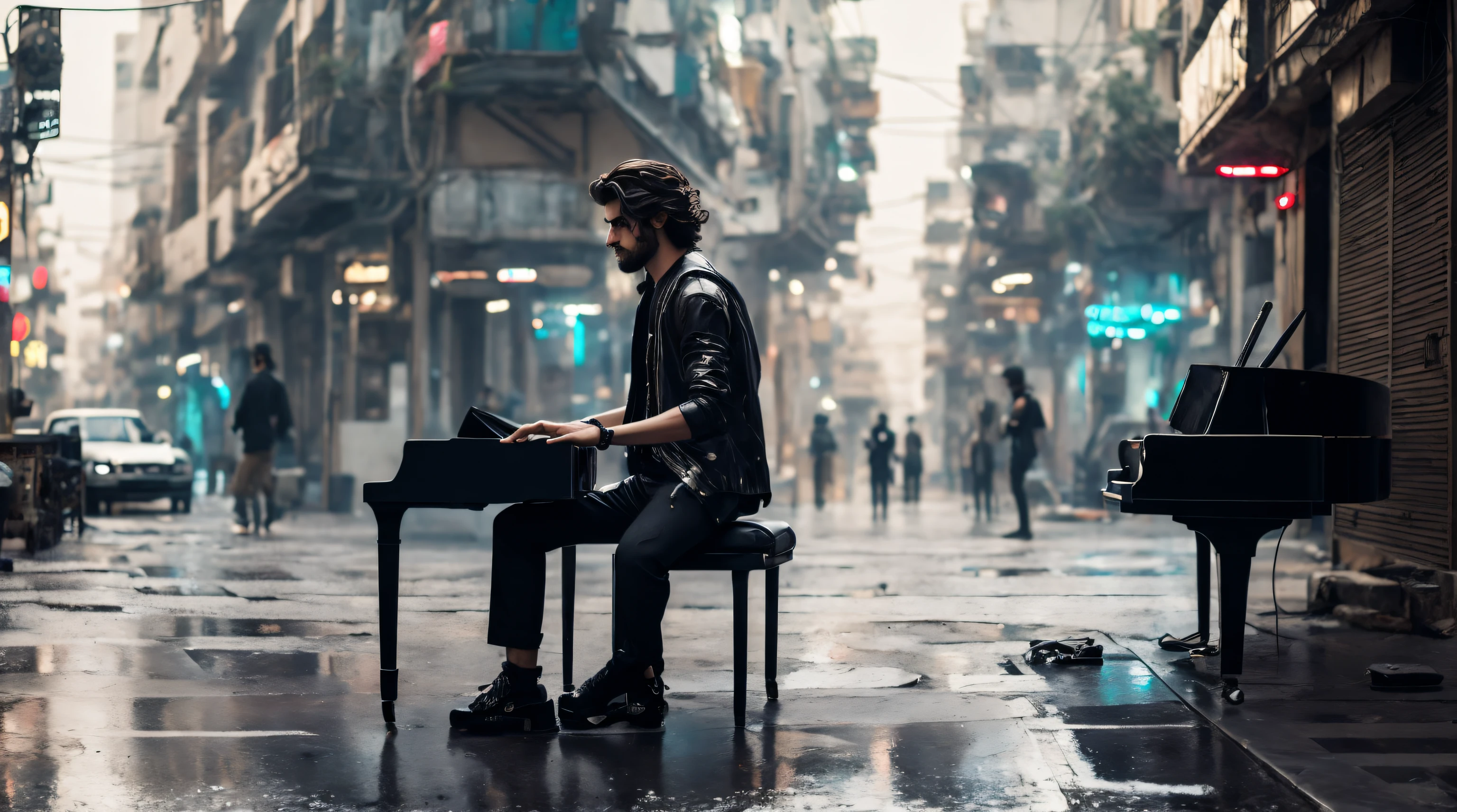 Hombre Joven de pelo largo con ropa moderna toca el piano en una calle cyberpunk, ambiente relajado