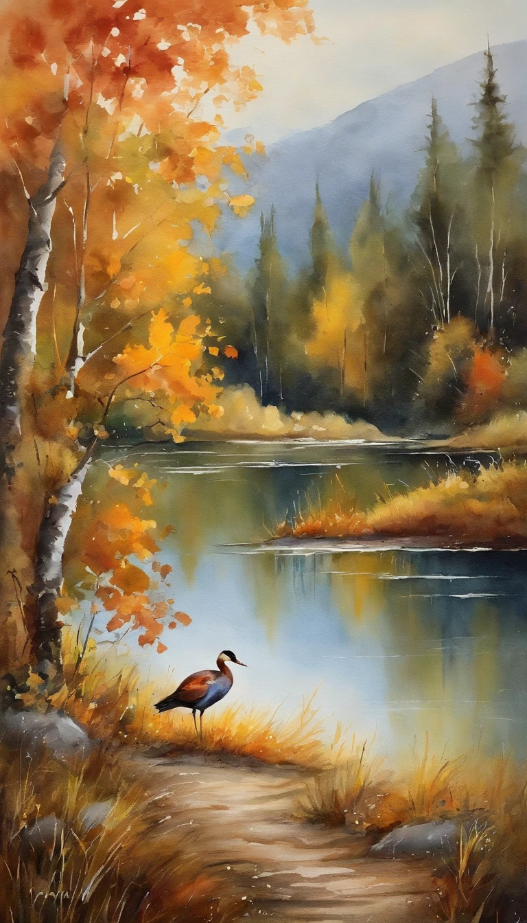 ((шедевр)), ((Best quality)), 8k, high level of detail, ultra-detailed, evening light ，Couleurs simple，un canard, Voler au coucher du soleil，reflection, Herbst, Fleuve, Ciel immense, Verschmelzend, tranquille, harmonieux, Tranquille