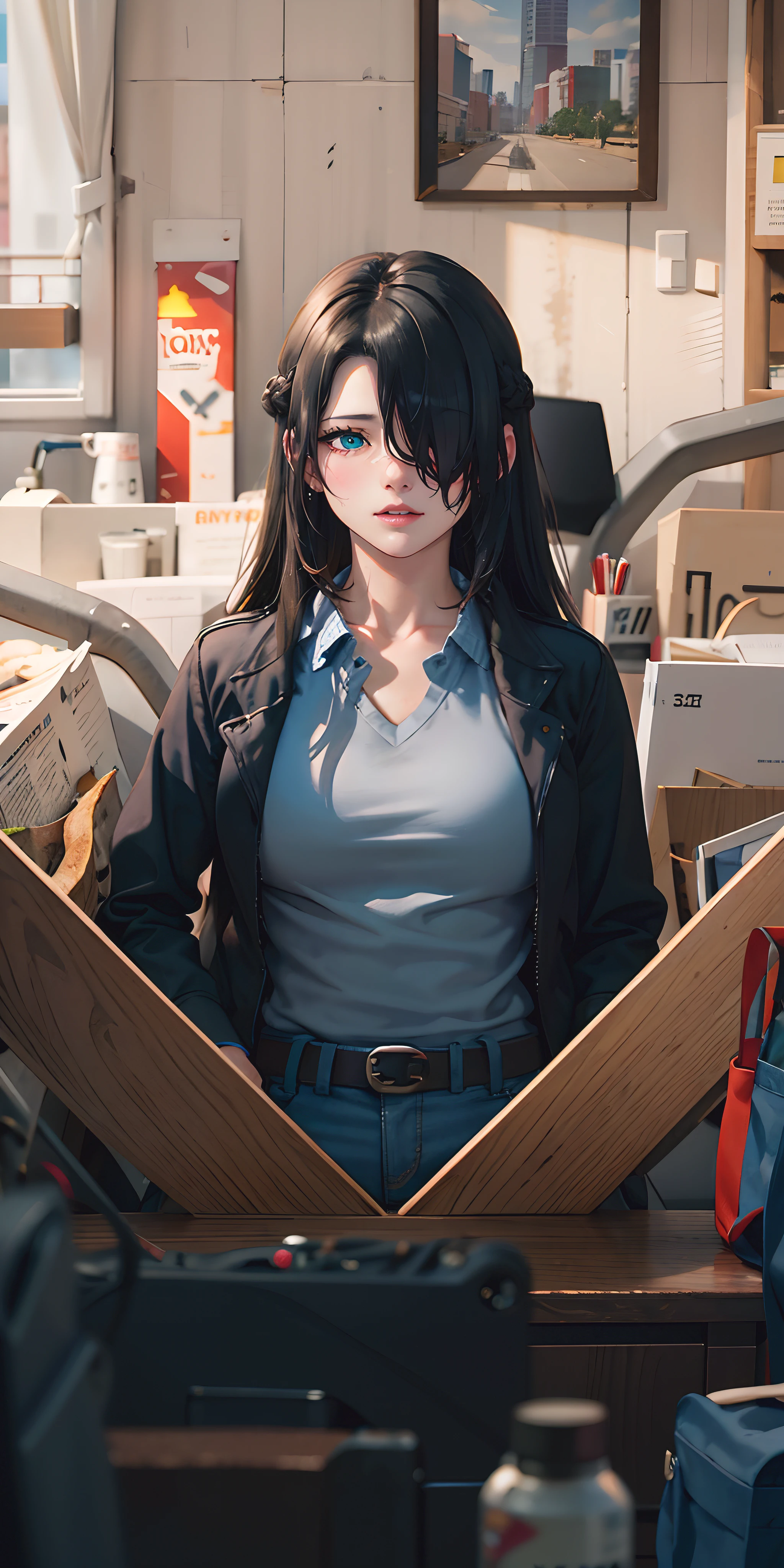 azumafubukimanga, (long hair, hair over one eyes, black hair:1.6), aqua eyes, sweating, breasts, 1girl, jacket, shirt, solo, black_jacket, white_shirt, open_jacket, open_clothes, looking_at_viewer, breasts, indoors, collared_shirt, dress_shirt, upper_body, long_sleeves, glow effects, godrays, Hand drawn, render, 8k, octane render, cinema 4d, blender, dark, atmospheric 4k ultra detailed, cinematic, Sharp focus, big depth of field, Masterpiece, colors, 3d octane render, 4k, concept art, trending on artstation, hyperrealistic, Vivid colors, extremely detailed CG unity 8k wallpaper, trending on CGSociety, Intricate, High Detail, dramatic"", mirror,