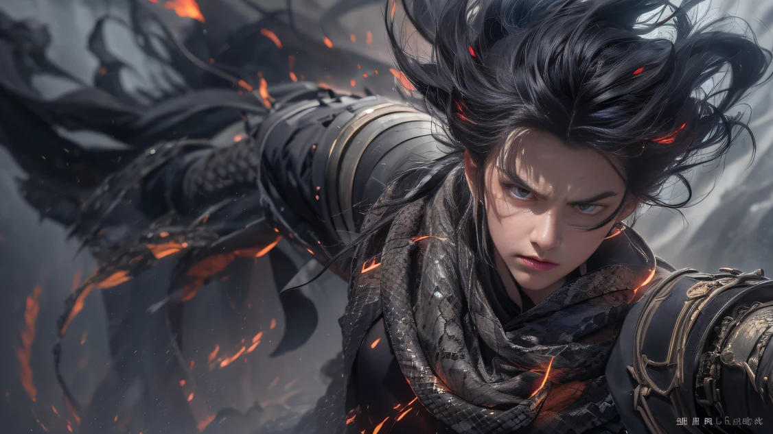 Trailer poster effect（Explosive ruins）The eyes are full of confusion，He clenched his fists，Rush up，Deliver a fatal blow to your opponent，full bodyesbian，Full Body Male Mage 32K（tmasterpiece，k hd，hyper HD，32K）Flowing black hair，Campsite clutter，zydink， a color， patriot （Doomsday ruins）， （Linen batik scarf）， Angry fighting stance， looking at the ground， Batik linen bandana， Chinese python pattern long-sleeved garment， （Abstract propylene splash：1.2）， Dark clouds lightning background，Flour flies（realisticlying：1.4），Black color hair，Flour fluttering，Background fog， A high resolution， the detail， RAW photogr， Sharp Re， Nikon D850 Film Stock Photo by Jefferies Lee 4 Kodak Portra 400 Camera F1.6 shots, Rich colors, ultra-realistic vivid textures, Dramatic lighting, Unreal Engine Art Station Trend, cinestir 800，Flowing black hair,（（（Male mage））），The male mage was furious，Trailer poster effect