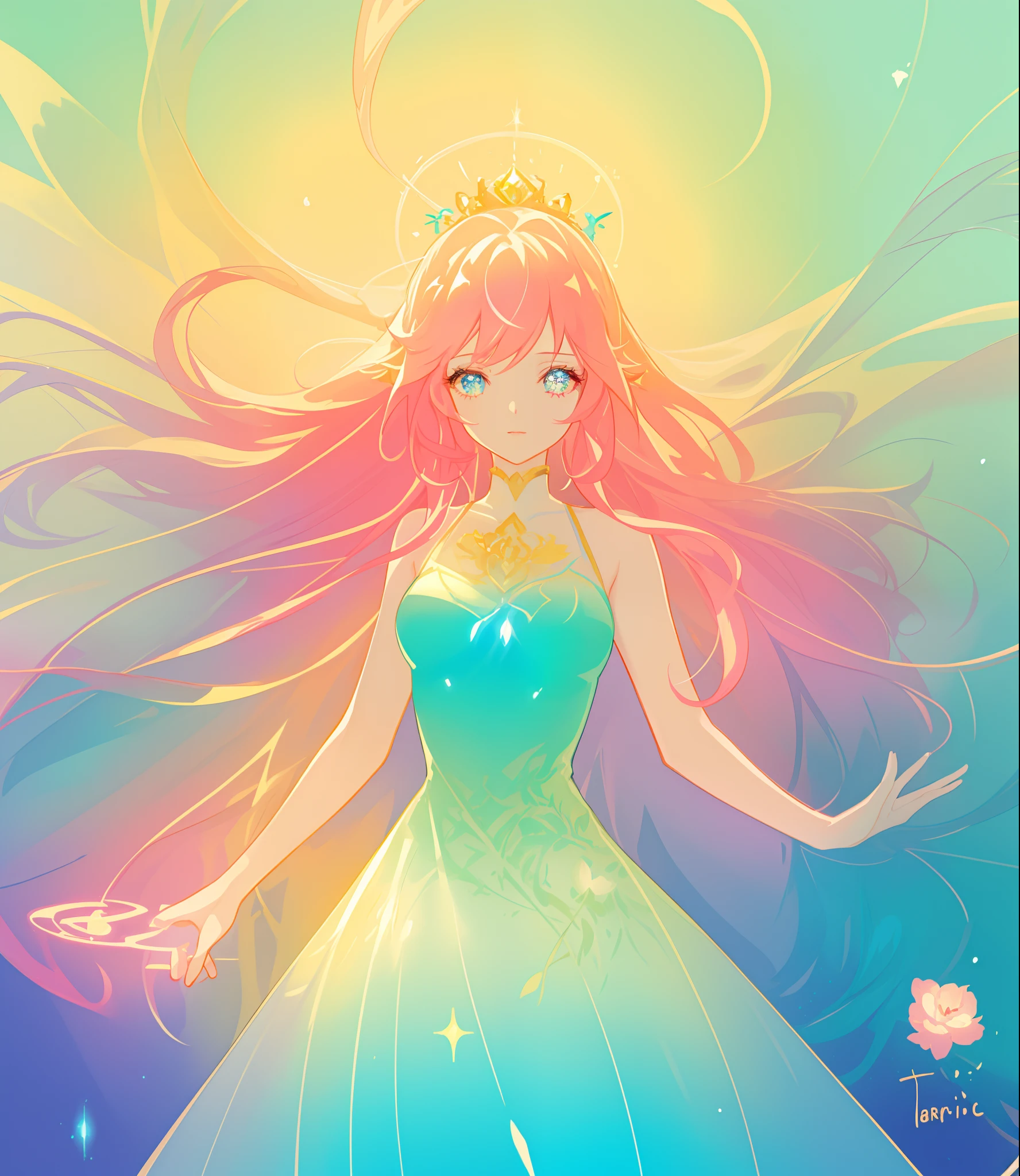 beautiful girl, puffy tiered princess ballgown, vibrant pastel colors, (colorful), glowing golden long hair, magical lights, sparkling magical liquid, inspired by Glen Keane, inspired by Lois van Baarle, disney art style, by Lois van Baarle, glowing aura around her, by Glen Keane, jen bartel, glowing lights! digital painting, flowing glowing hair, glowing flowing hair, beautiful digital illustration, fantasia background, whimsical, magical, fantasy, ((beautiful face)), ((masterpiece, best quality)), intricate details, highly detailed, sharp focus, 8k resolution, sparkling detailed eyes, liquid watercolor