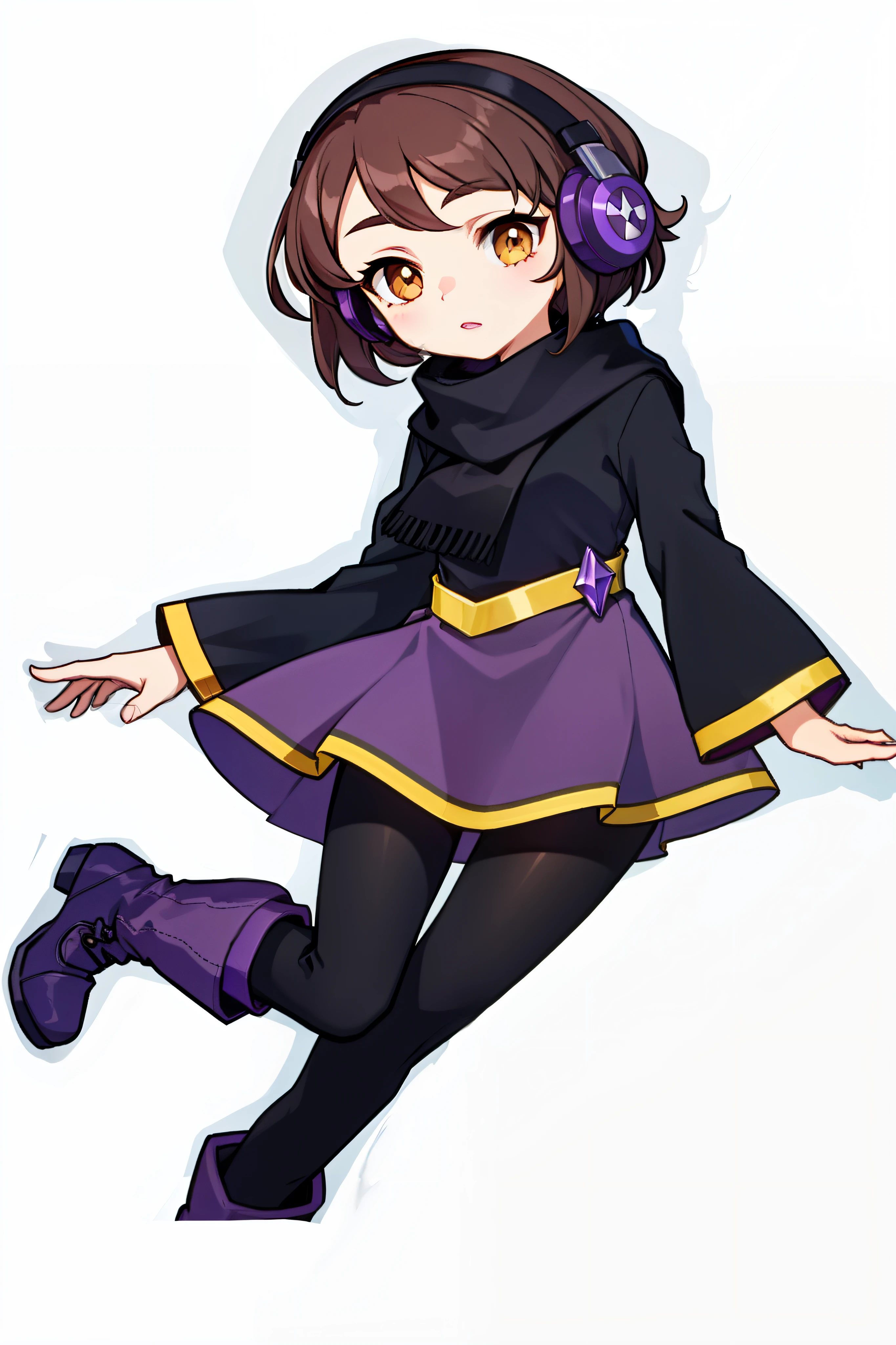 short brown hair and Brown eyes and purple headphones short purple dress and black kneeboots and black scarf and black tights and purple jewele