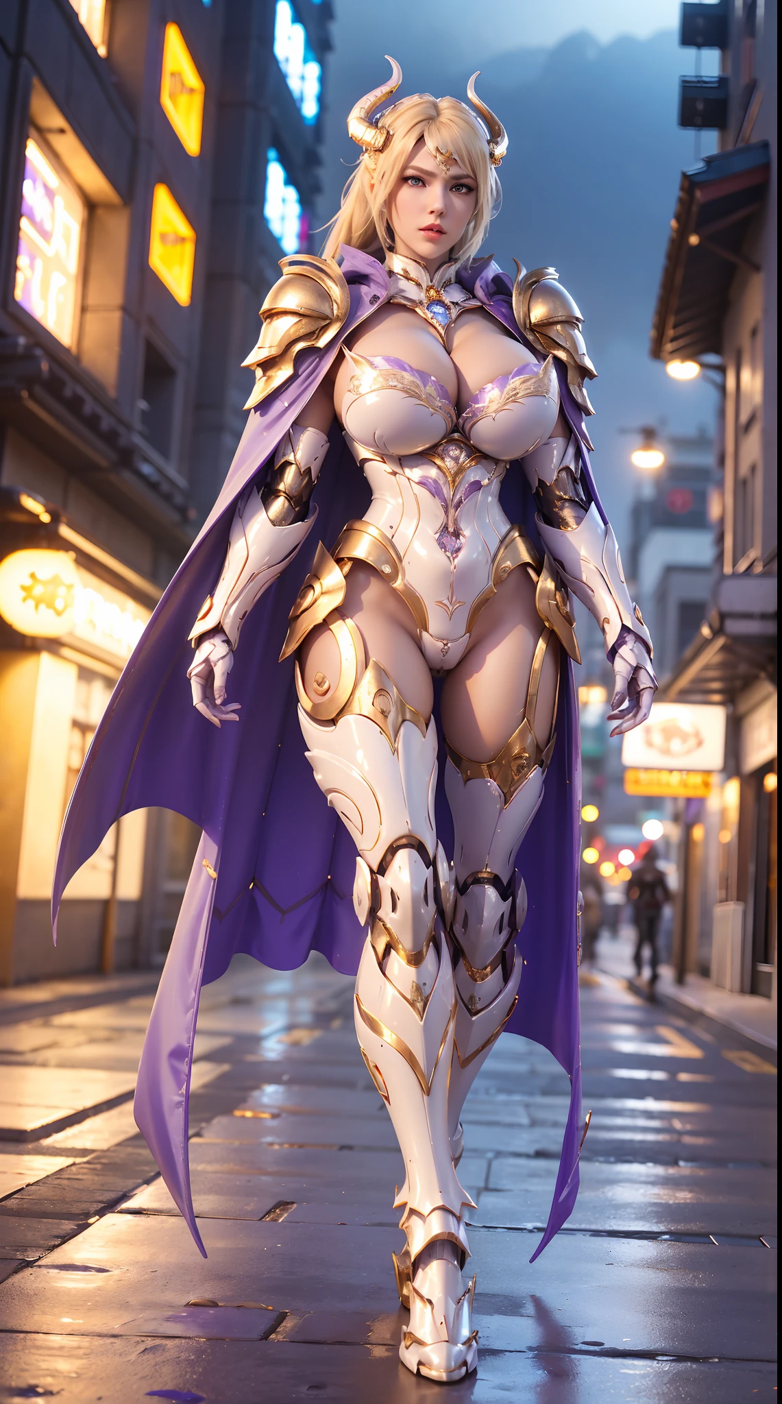 1GIRL, SOLO,(blond hair ponytail, Dragon helmet), (HUGE FAKE BOOBS:1.3), (white, Purple, gold, FUTURISTIC DRAGON MECHA ARMOR SUIT, ROYAL CAPE, CLEAVAGE:1.5), (SKINTIGHT YOGA PANTS, HIGH HEELS:1.2), (NSFW GLAMOROUS BODY, SEXY LONG LEGS, FULL BODY:1.3), (FROM FRONT, LOOKING AT VIEWER:1), (WALKING DOWN ON STREET NIGHT CITY:1.3), PHYSICALLY-BASED RENDERING, ULTRA HIGHT DEFINITION, 8K, 1080P.
