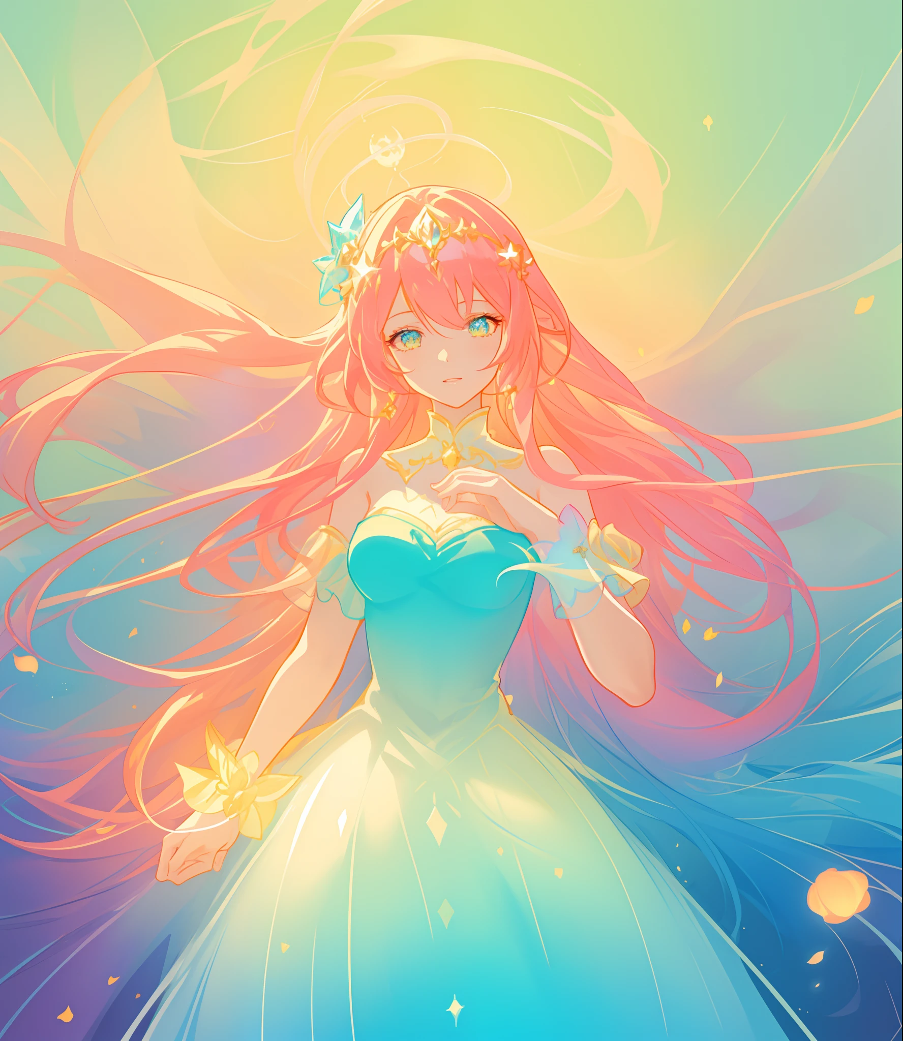beautiful girl, puffy tiered princess ballgown, vibrant pastel colors, (colorful), glowing golden long hair, magical lights, sparkling magical liquid, inspired by Glen Keane, inspired by Lois van Baarle, disney art style, by Lois van Baarle, glowing aura around her, by Glen Keane, jen bartel, glowing lights! digital painting, flowing glowing hair, glowing flowing hair, beautiful digital illustration, fantasia background, whimsical, magical, fantasy, ((beautiful face)), ((masterpiece, best quality)), intricate details, highly detailed, sharp focus, 8k resolution, sparkling detailed eyes, liquid watercolor