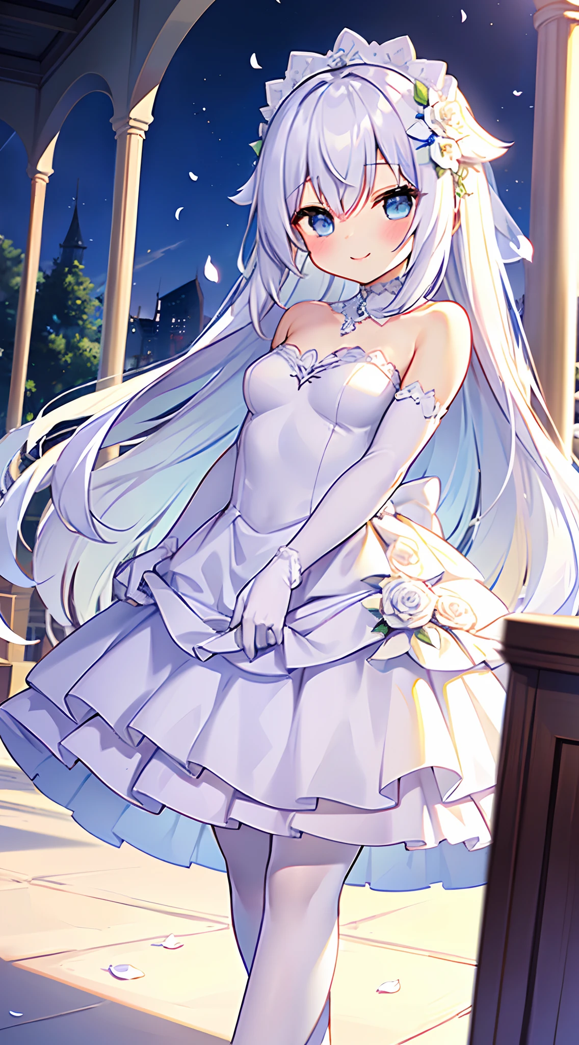 1girl, best quality, perfect hands, very long hair, white hair, white thighhighs, twintails, white hair ribbon, tiara, headscarf, wedding dress, white lace-trimmed thighhighs, white lace elbow gloves, white garter straps, blush, smile