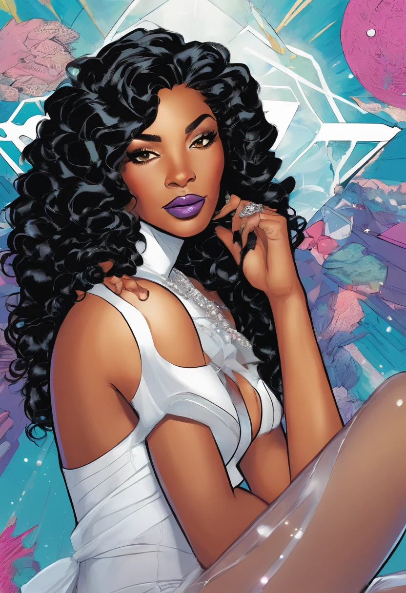 American comics, lightskin African American woman, with long curly black hair,and an iridescent white streak in the front, With an iridescent white rhombus shaped Diamond on forehead. Wearing long black high heeled boots, with a white bustier and a short white skirt.