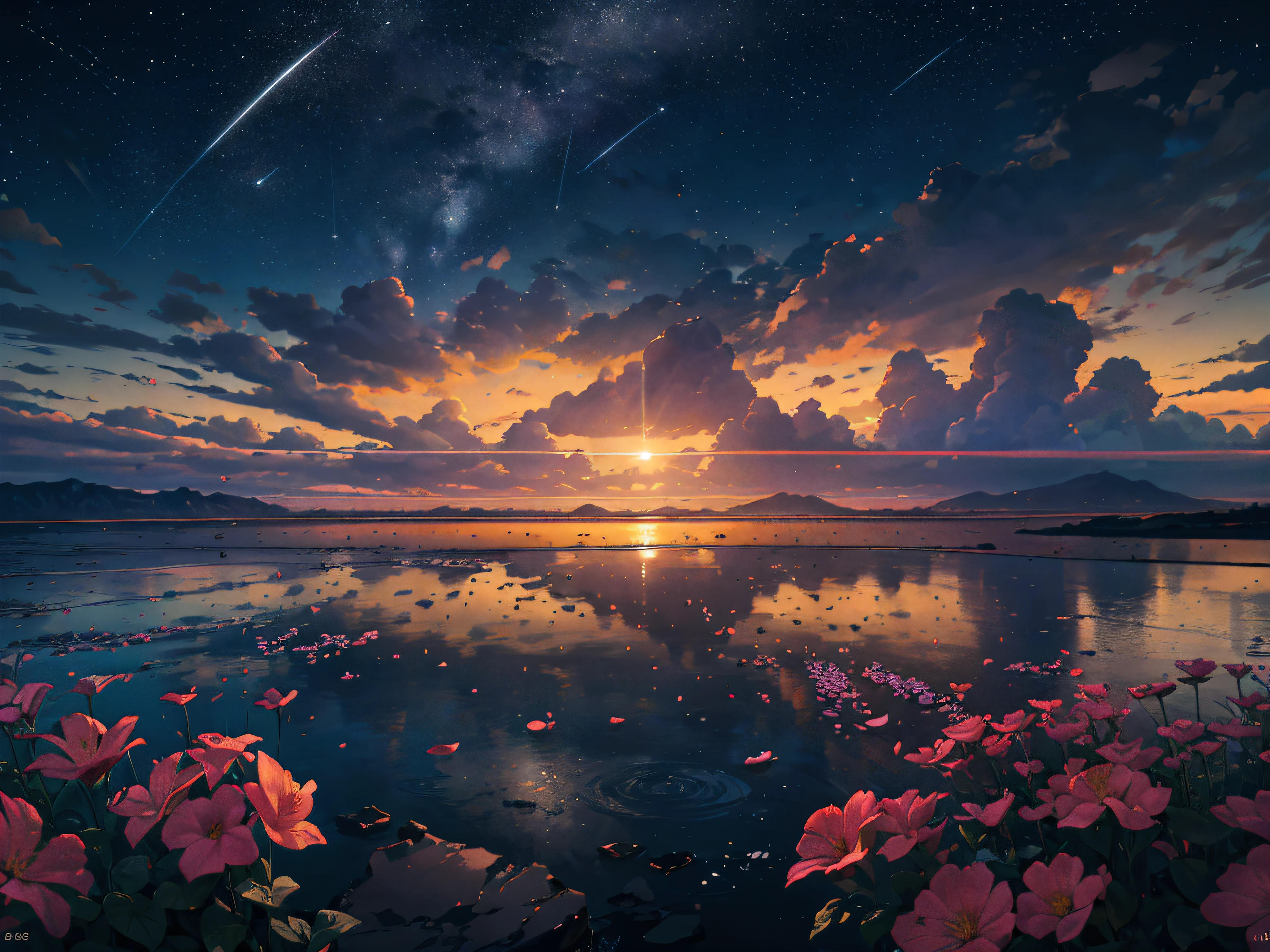 Vast sunrise landscape photos, (from below, sky above, open fields below), flower fields (best quality), 4k, ultra-detailed, (meteors: 0.9), (nebulae: 1.3), distant mountains (high quality), trees break making art, (warm light source: 1.2), (fireflies: 1.2), lights, lots of purple and orange, intricate details, volumetric lighting, realism BREAK (Masterpiece: 1.2), (Best Quality), 4K, Ultra-Detailed, (Dynamic Composition: 1.4), Very Detailed, Colorful Detail, (Iridescent Color: 1.2), (Glow Illumination, Atmospheric Lighting), Dreamy, Magical, (Solo: 1.2)