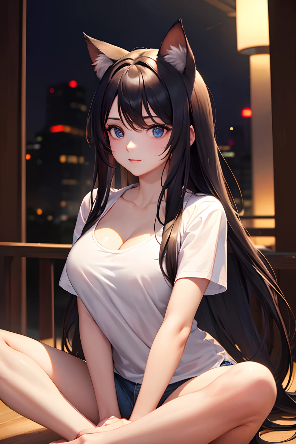 of the highest quality, High resolution, The perfect human structure, Human focus, Front view, Glowing hair, Glowing eyes, look up at viewer, White T-shirt, jeans, Top angle, medium breasts, cleavage,  Long hair, Shorts, in city, Gradient Eyes, swept bangs, Cat ears indian style