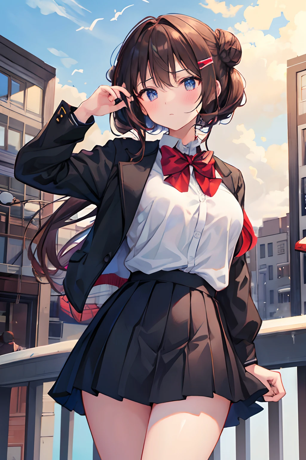 brown-brown hair, Black eyes, Fair skin, Face like goose eggs, Atmospheric facial features, tall, Confidence and power, Toned and plump, High School Girls, School uniform, coiled hair, Hair bun, With hairpin, Red Rose, Blue butterfly, White rabbit, billboard, Official Quality, Mysterious, Light and shadow, correct proportions, aesthetics, Atmosphere,