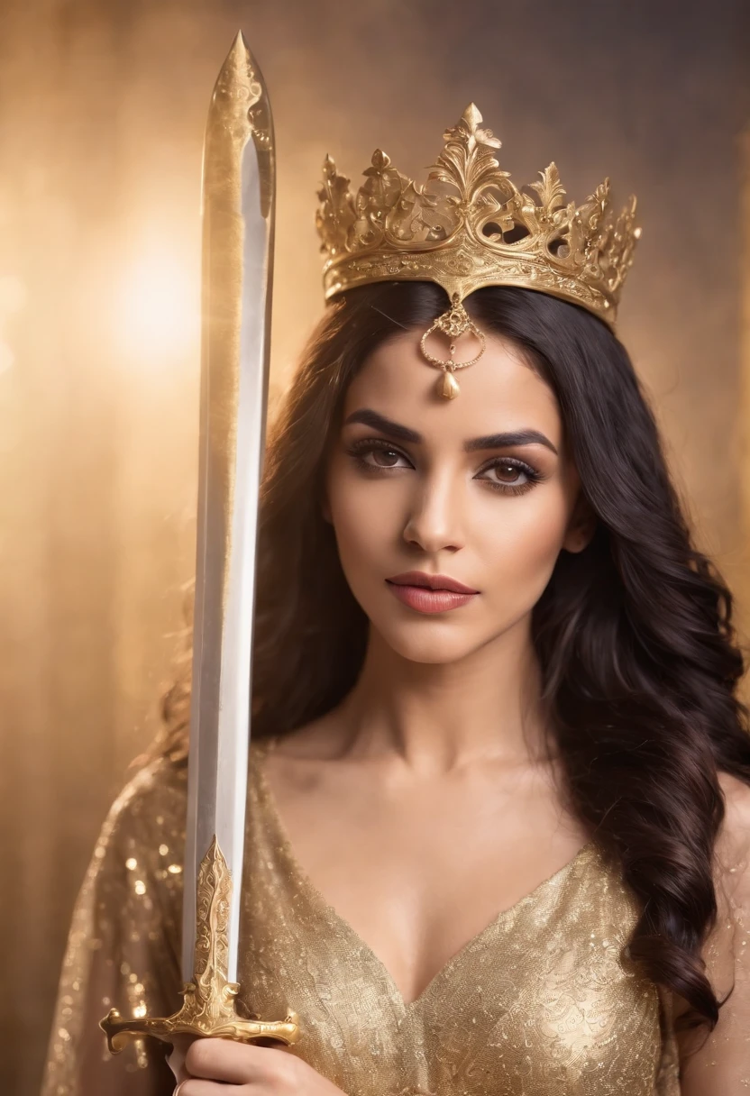 Arabian woman, black long curl hair, golden crown, golden gown, gold powers, hold a golden sword