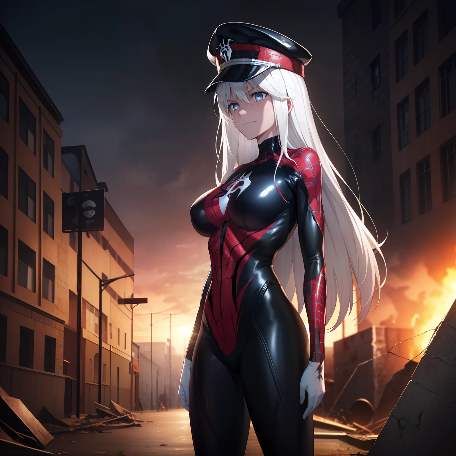 1girl,gigantic breasts,standing in ruined city,(8k),scratches,detailed face,white hair,lavender eyes,long hair,embarassed,small smile face,high_res, high_definition,the battlefield,Heroic pose,dark suit,military hat,(symbiote spider man Custome:1.1),