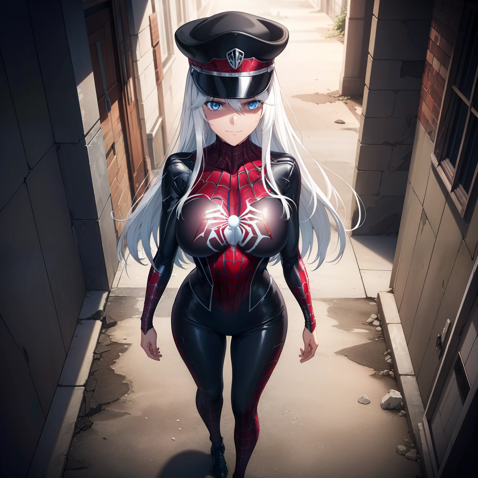 1girl,gigantic breasts,standing in ruined city,(8k),scratches,detailed face,white hair,lavender eyes,long hair,embarassed,small smile face,high_res, high_definition,the battlefield,Heroic pose,dark suit,military hat,(symbiote spider man Custome:1.1),