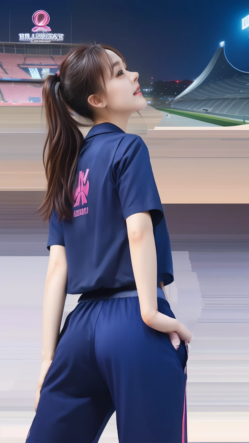 (bestquality,10,10,highres,masterpiece:1.2),ultra-detail,(Realistic,photorealistic portrait,photo-realistic:1.37),1 Cute girl in the football field,oily shiny skin,bara,light smile,BDclothes,((blue shirt:1.3)),short sleeves,shirt, trousers.,(navy_long_Pants Track:1.1), ((Stadium Background:1.3)),dynamic angle,excited,face focus,Dynamic Poses,from behide,Ass Focus,masterpiece, bestquality, ultra realistic, hyper-detail, 8k resolution, RAW photo, crisp focus, ((Navy blue shirt:1.1)), short sleeves, Long Path, Perfect body, 2 mature women, 18yo, cinematic light,Blue sweatpants,Gymware,Correct anatomy,Complete body, Correct body, sharp face, Anatomically correct body, full entire body, Realistic gestures, long-haired, Realistic poses,Wear long shorts....,Long leg span,Shapely,Sculpting Girl 2 Girl Kissing, Realistic kiss, Slender Figure, mannequin mannequins, Shapely, Beautiful body