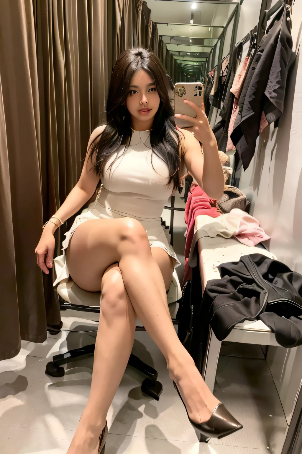 fittingroom,,full body,curry hair, (crossed legs,sitting on chair:1.3),(curry,thicc:1.2),(highheels:1.3).